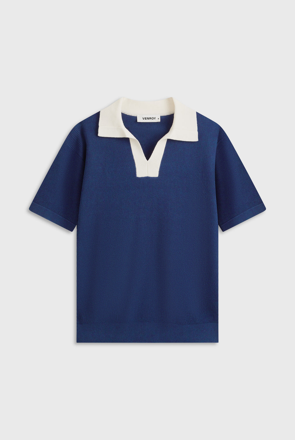 Open Neck Cotton Polo - Navy/Cream
