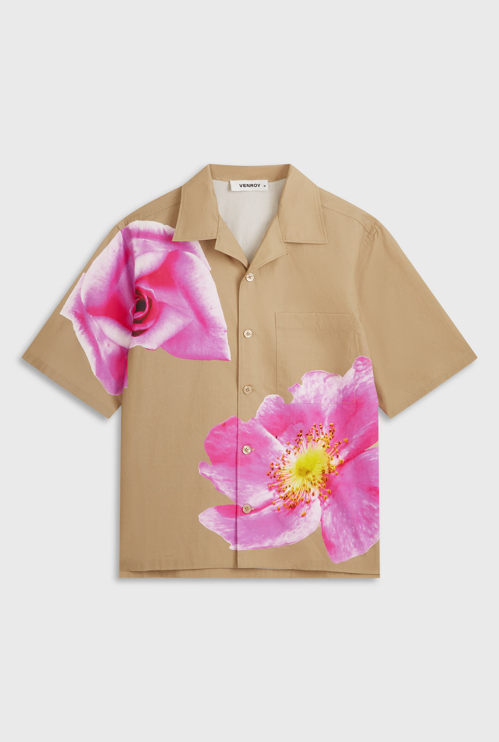 Oversized Cotton Short Sleeve Shirt - Desert Sand/Fuchsia Flower