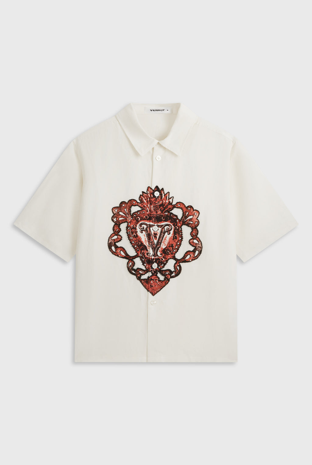 Oversized Silk Linen Short Sleeve Shirt - White/Beaded Heart