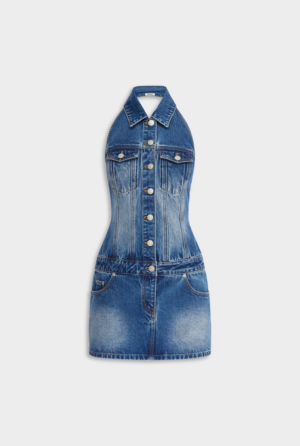 Denim Halter Dress - Mid Indigo
