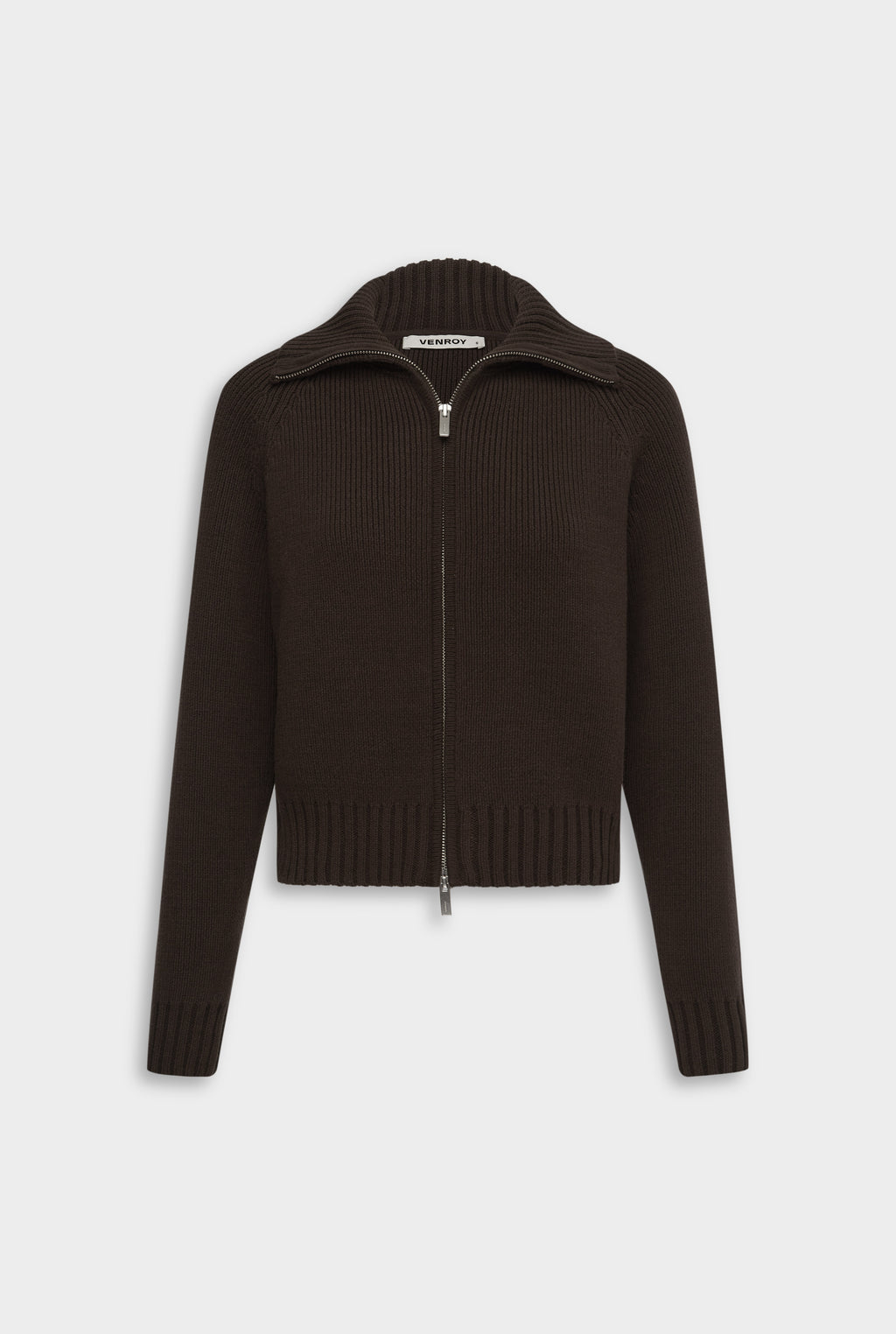 Cotton Funnel Neck Zip Up Sweater - Chocolate