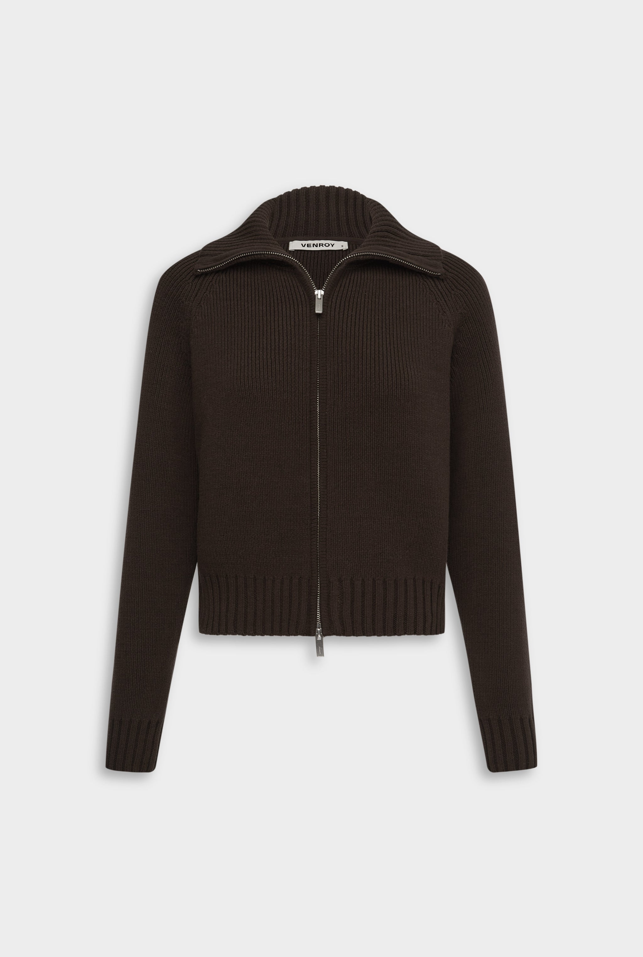 Cotton Funnel Neck Zip Up Sweater - Chocolate