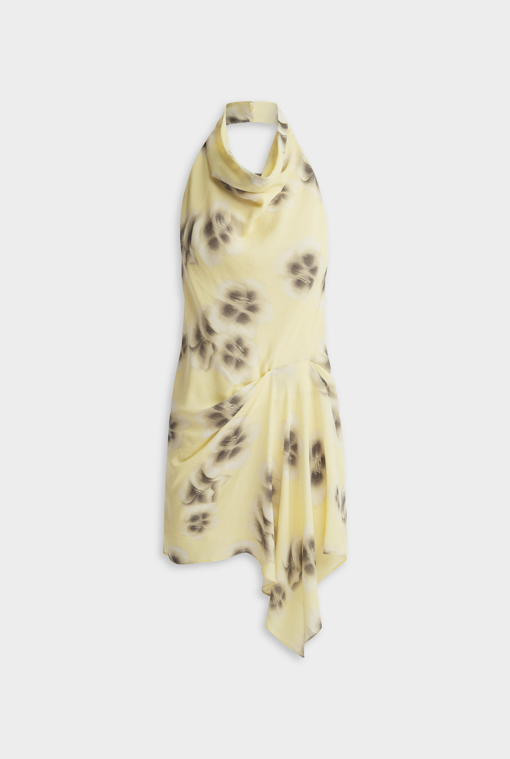 Draped Halter Mini Dress - Pale Yellow Blurred Floral