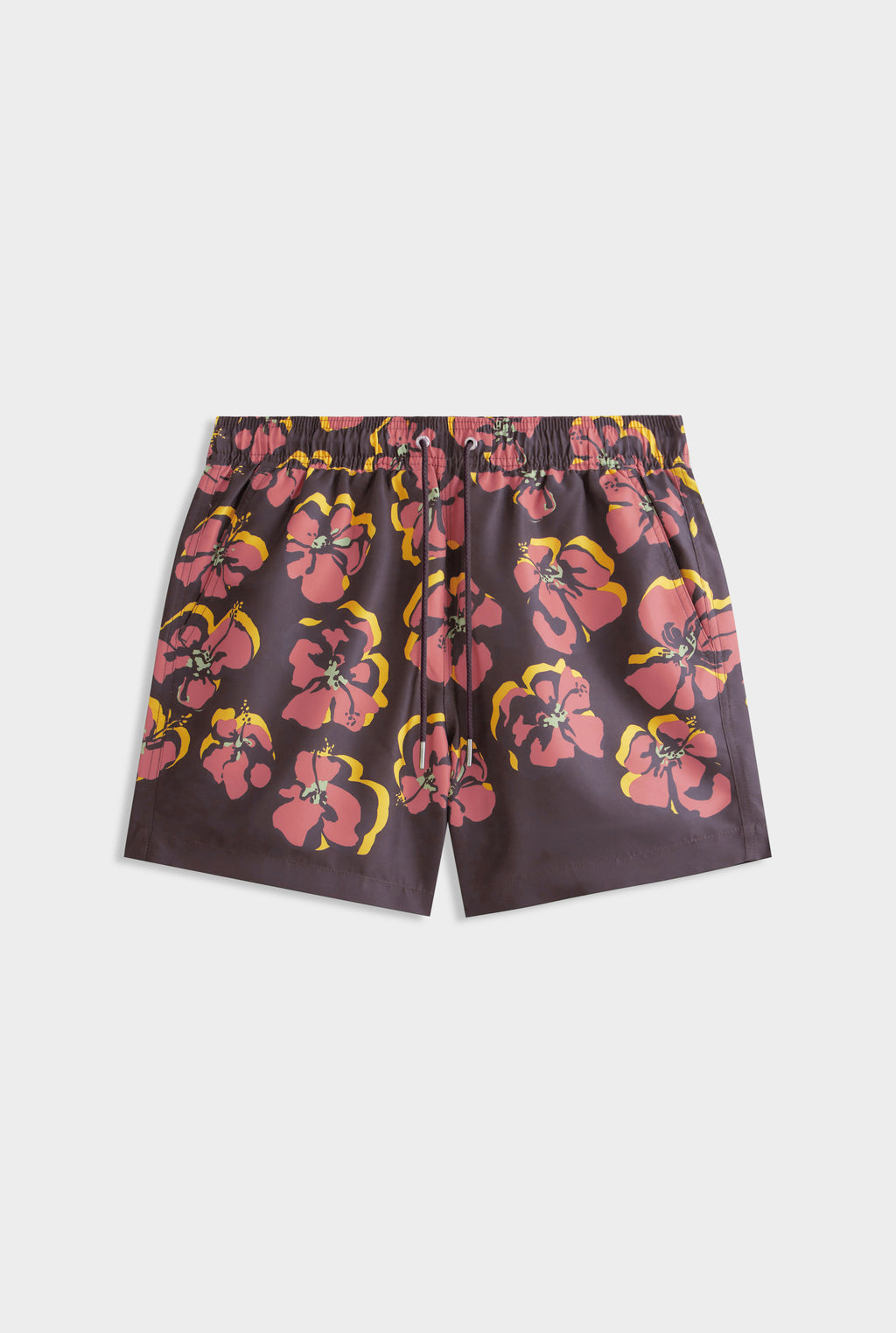 Printed Swim Short - Black/Maroon Hibiscus