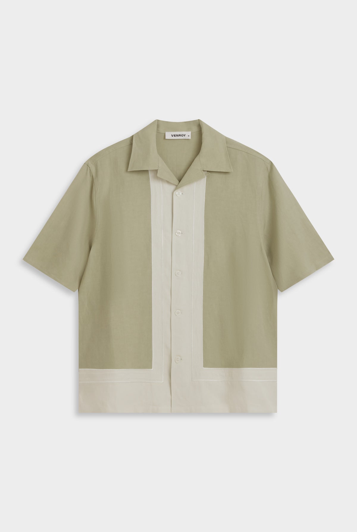 Applique Border Silk Linen Shirt - Stone Green/Cream