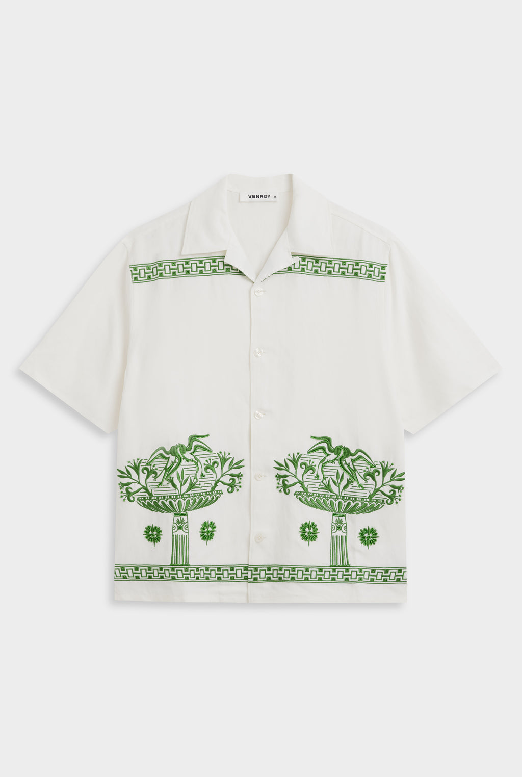 Beaded Silk Linen Camp Collar Shirt - Off White/Ivy Green