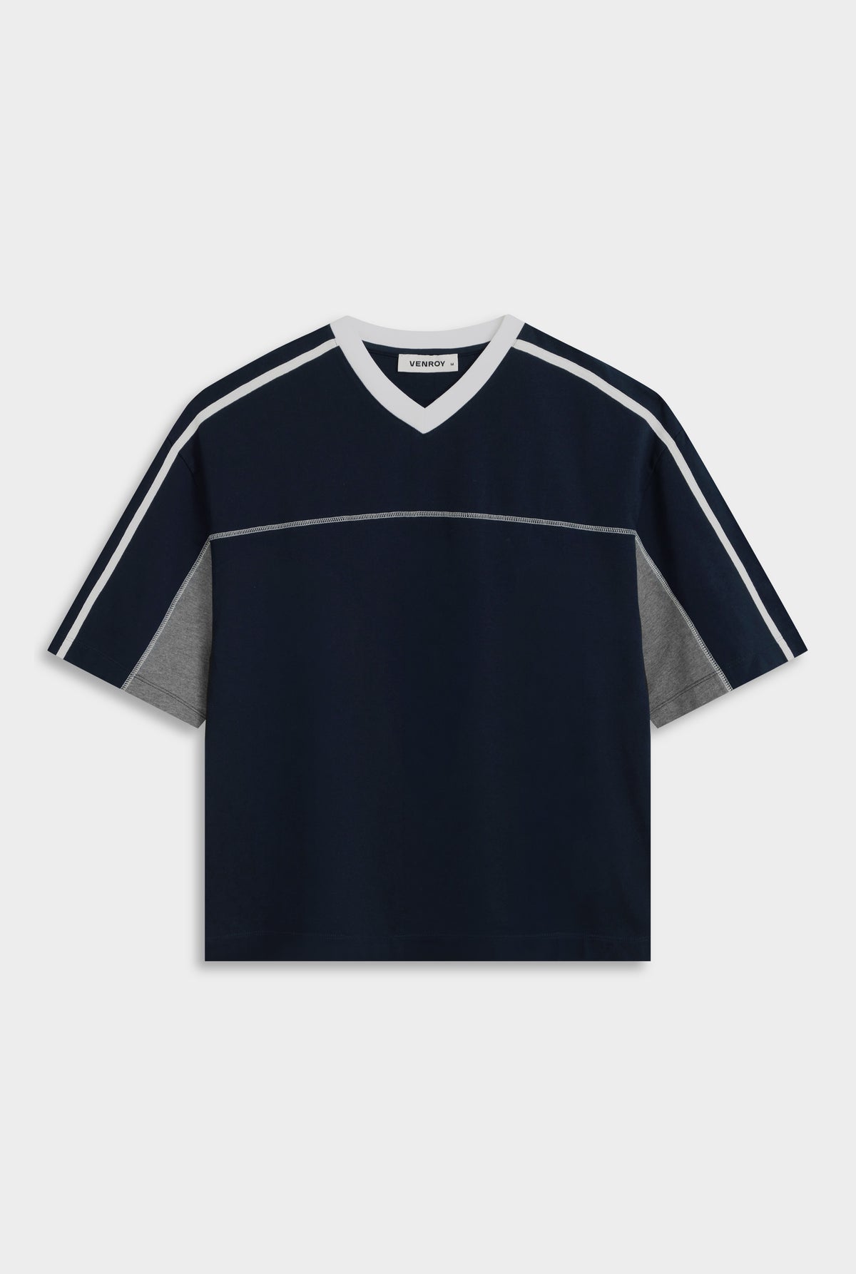 Panelled V Neck T Shirt - Navy/Grey Marl/White