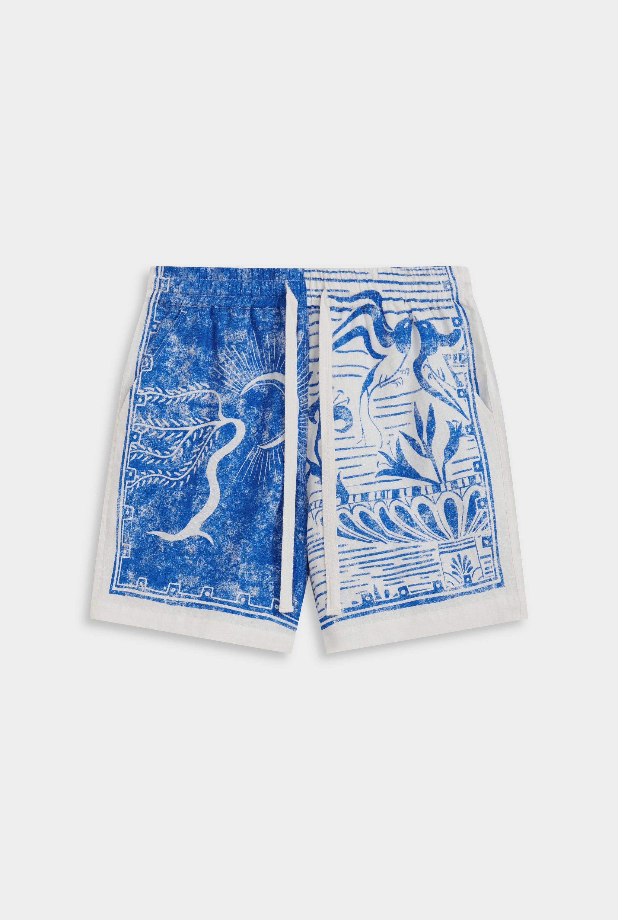 Venroy Printed Linen Short - White/Blue Greek Stamp