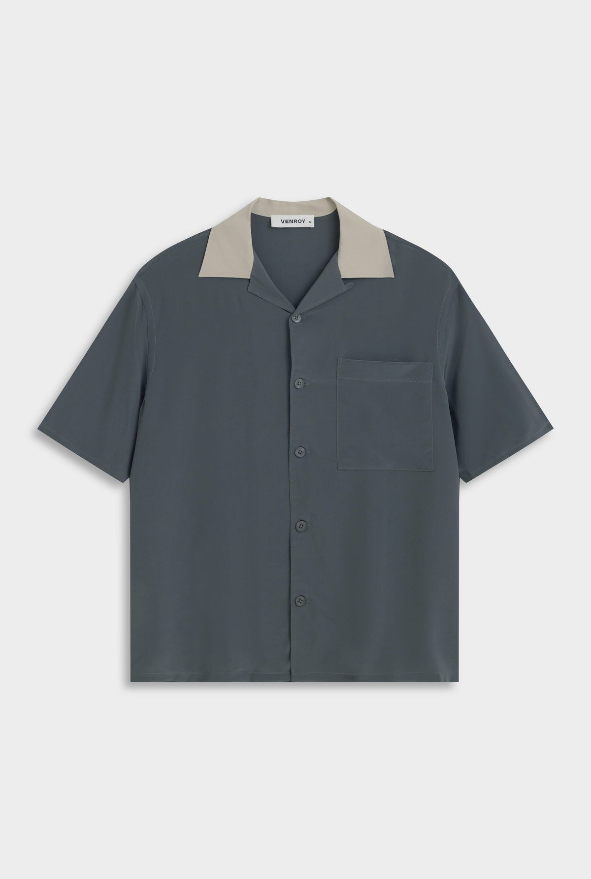 Short Sleeve Silk Camp Collar Shirt - Navy/Stone