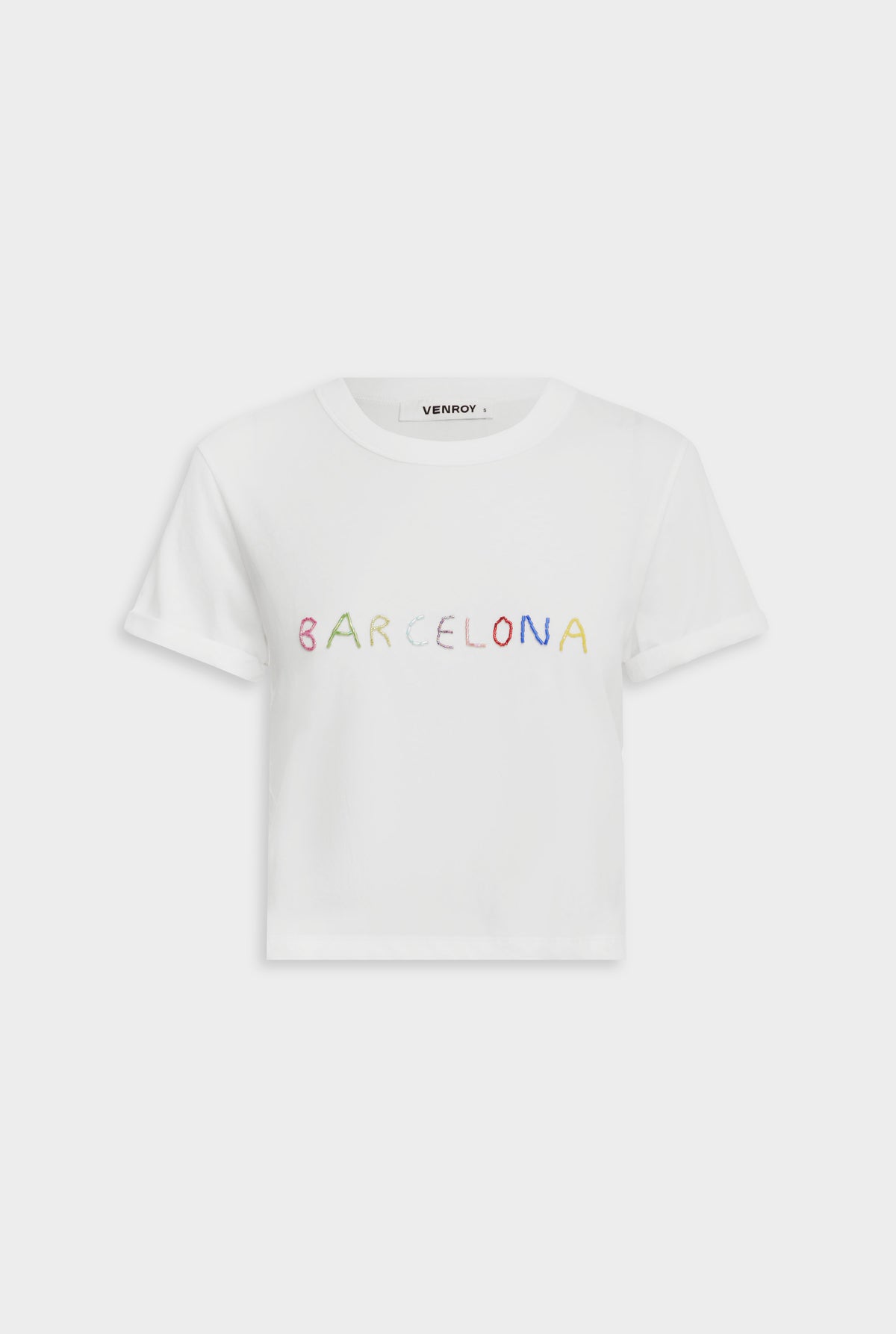 Beaded Lightweight Rolled Sleeve Tee - White/Barcelona
