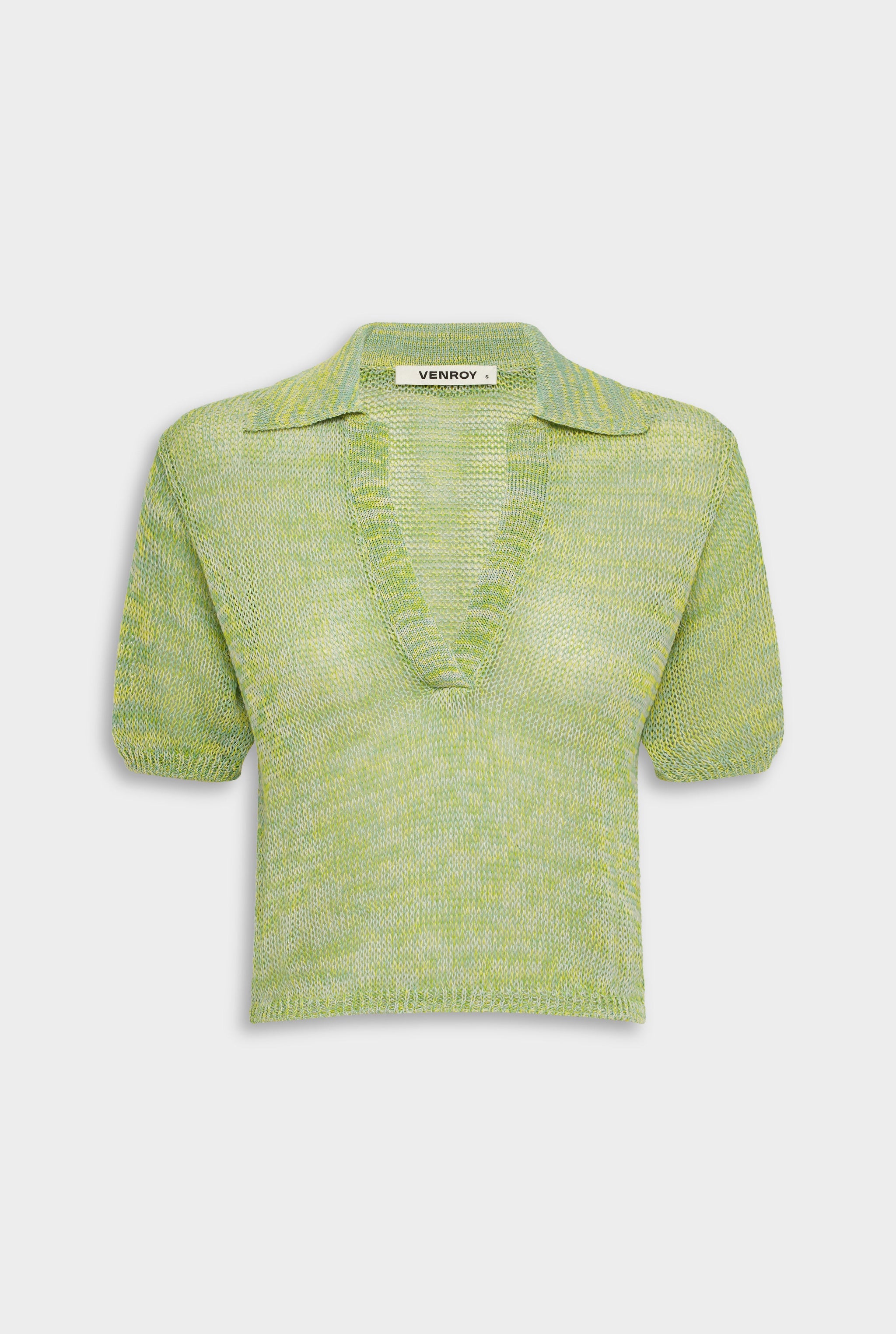 Venroy Open Knit Crop Polo - Green/Blue Marl