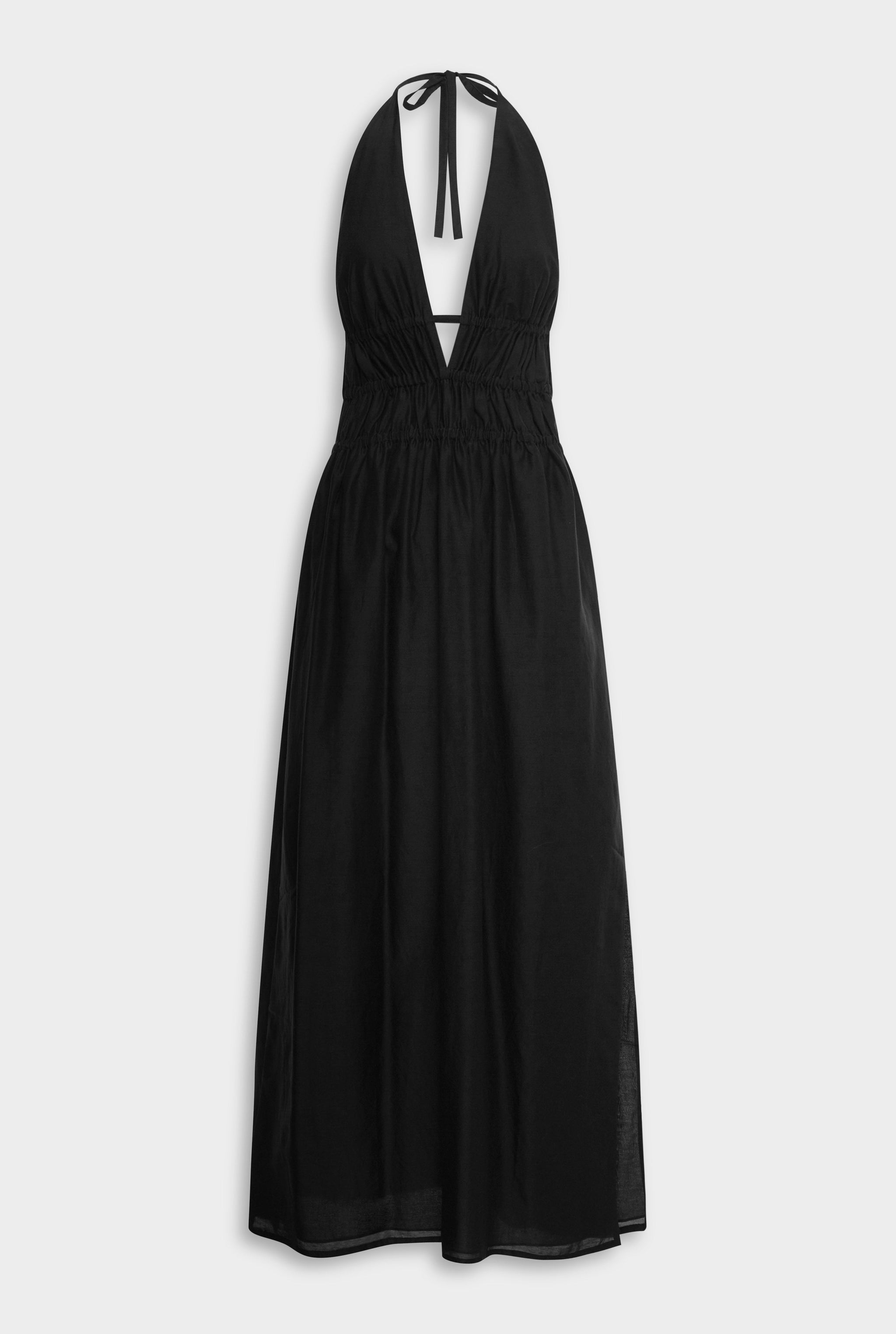 Venroy Silk Cotton Gathered Halter Maxi Dress - Black