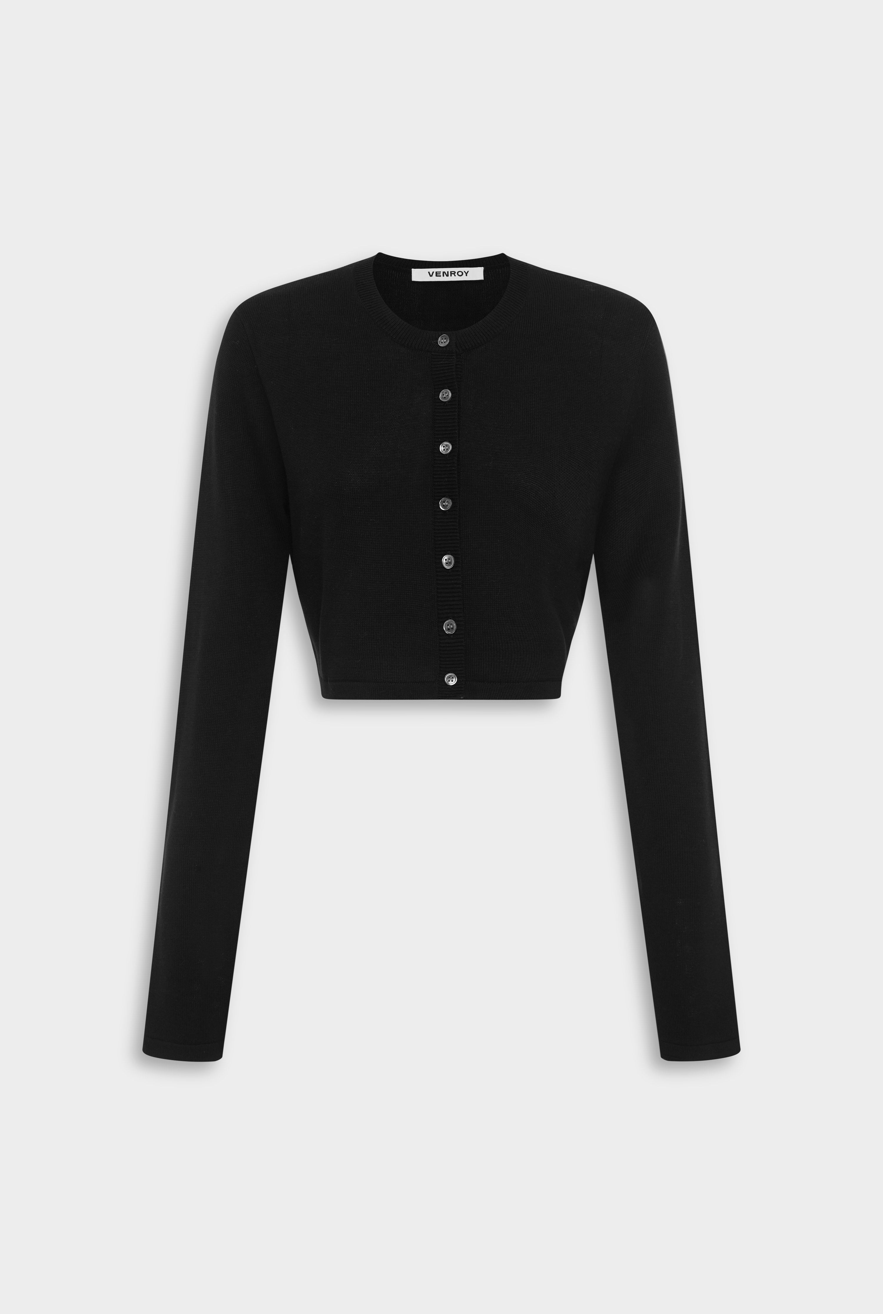 【試着のみ　美品】Round Neck Crop Cardigan Tencel Silk Knit Crop Cardigan Black | Venroy – VENROY