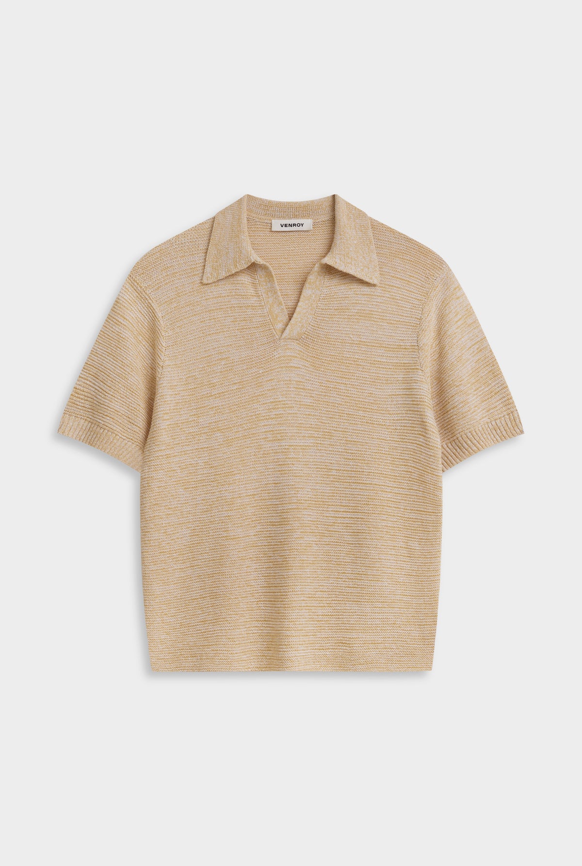 Marled Cotton Linen Polo - Pale Yellow/Off White [[Venroy Flat Lay - D2 - Mens - Marled Cotton Linen Polo - Pale Yellow:Off White.jpg]]