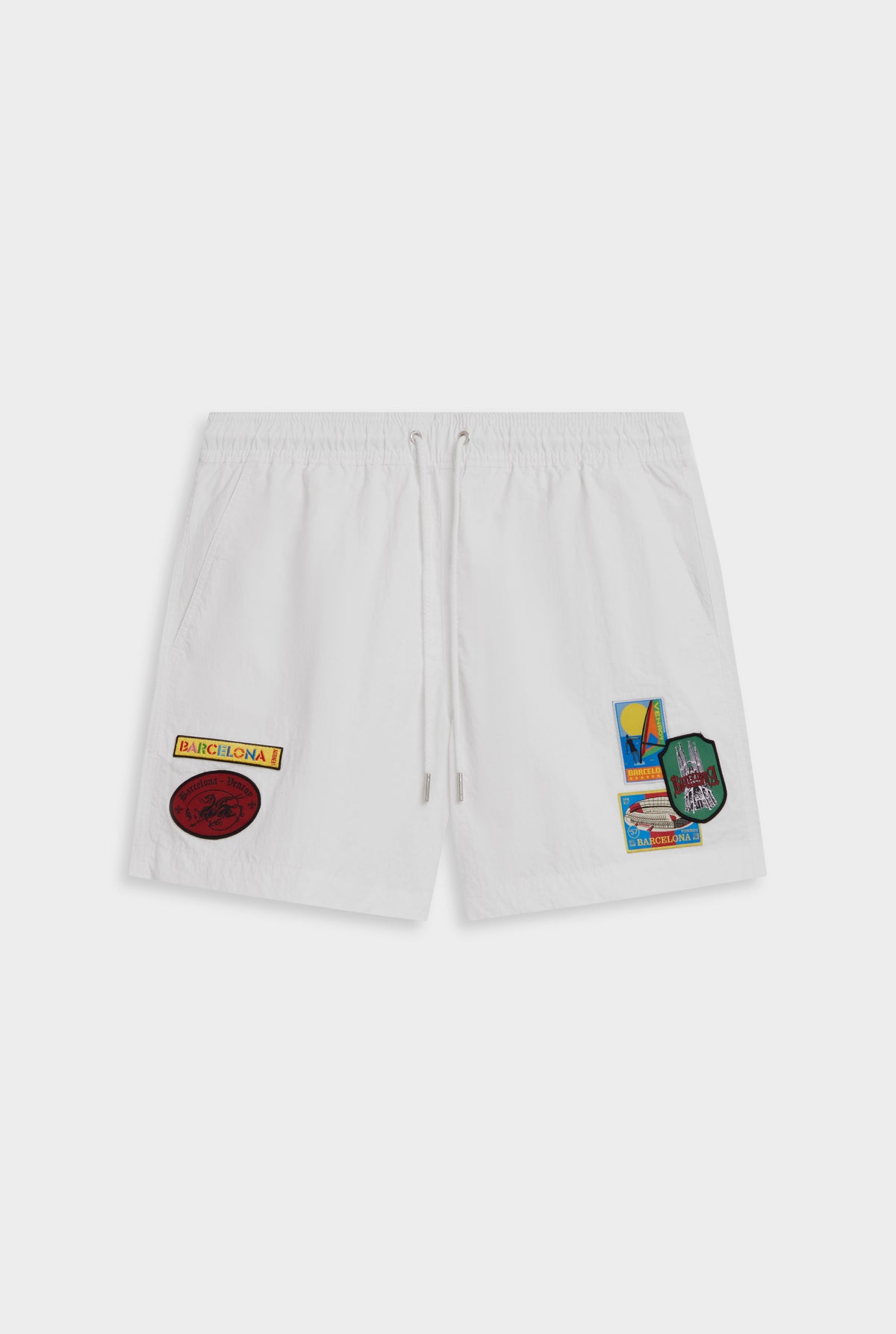 Nylon Swim Short - White/Travel Stickers [[Venroy Flat Lay - D2 - Mens - Nylon Swim Short - White:Travel Stickers.jpg]]