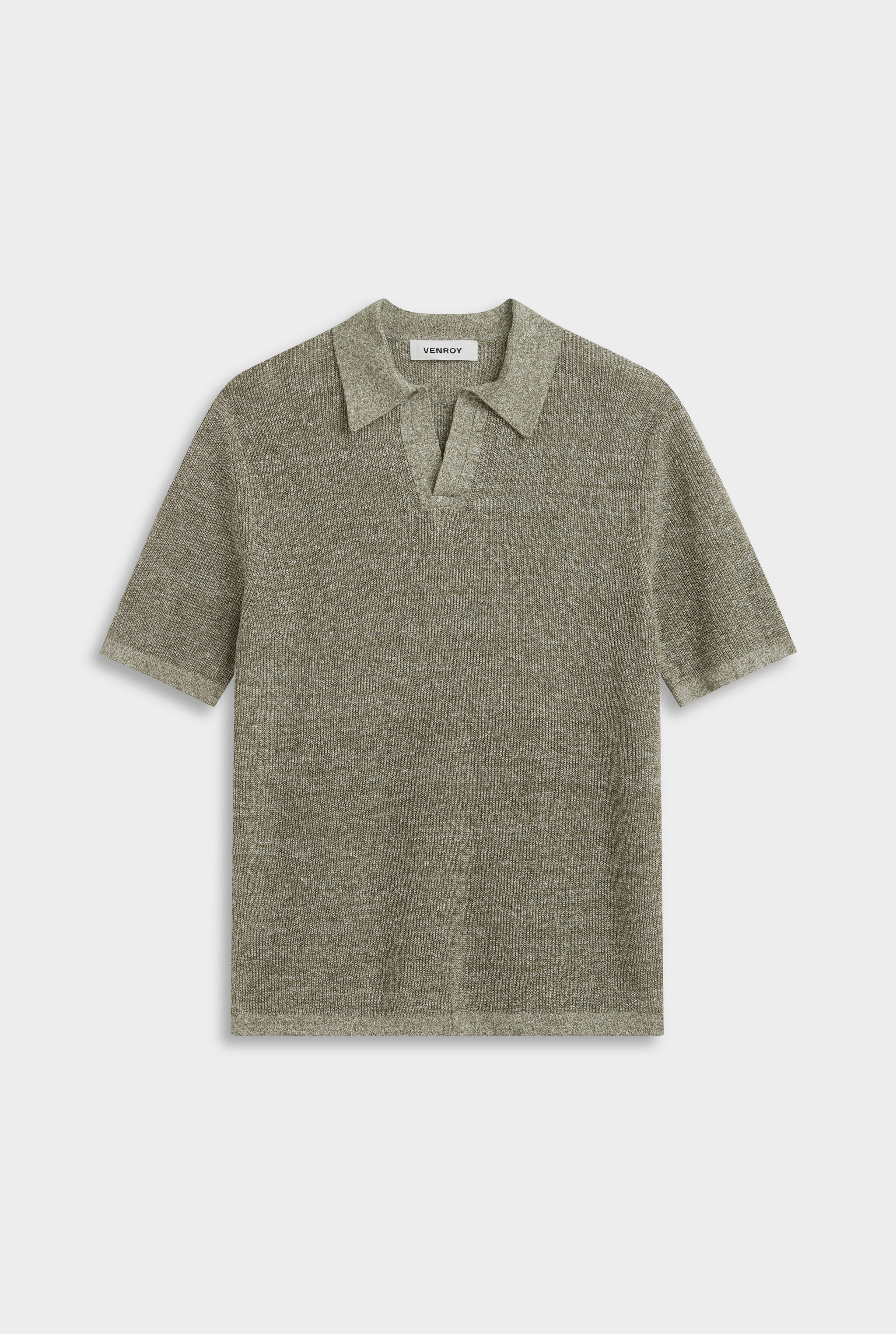 Venroy Rib Knit Open Neck Polo - Olive Marl