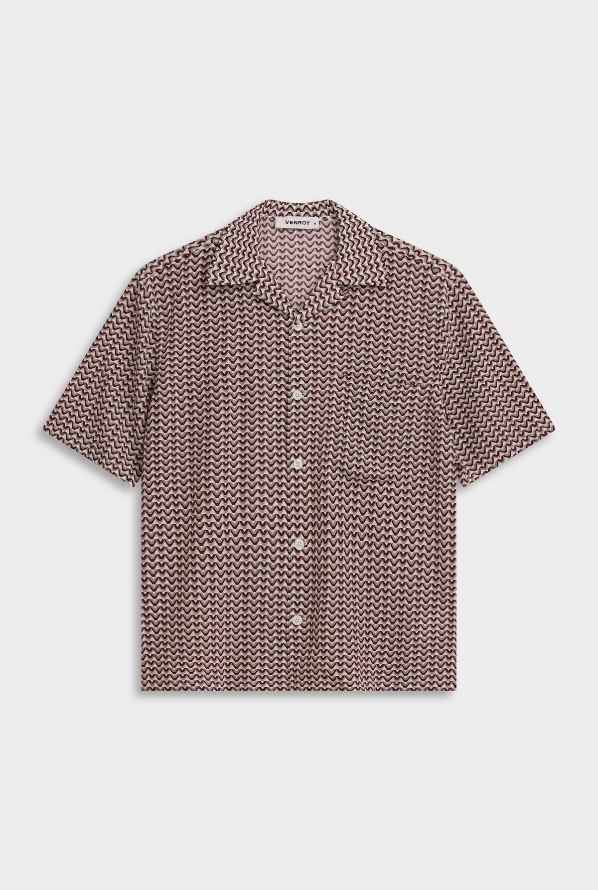 Short Sleeve Silk Camp Collar Shirt - Red/Washed Grey/Cream V Monogram [[Venroy Flat Lay - D2 - Mens - SS Silk Camp Collar Shirt - Red:Washed Grey:Cream V Monogram.jpg]]