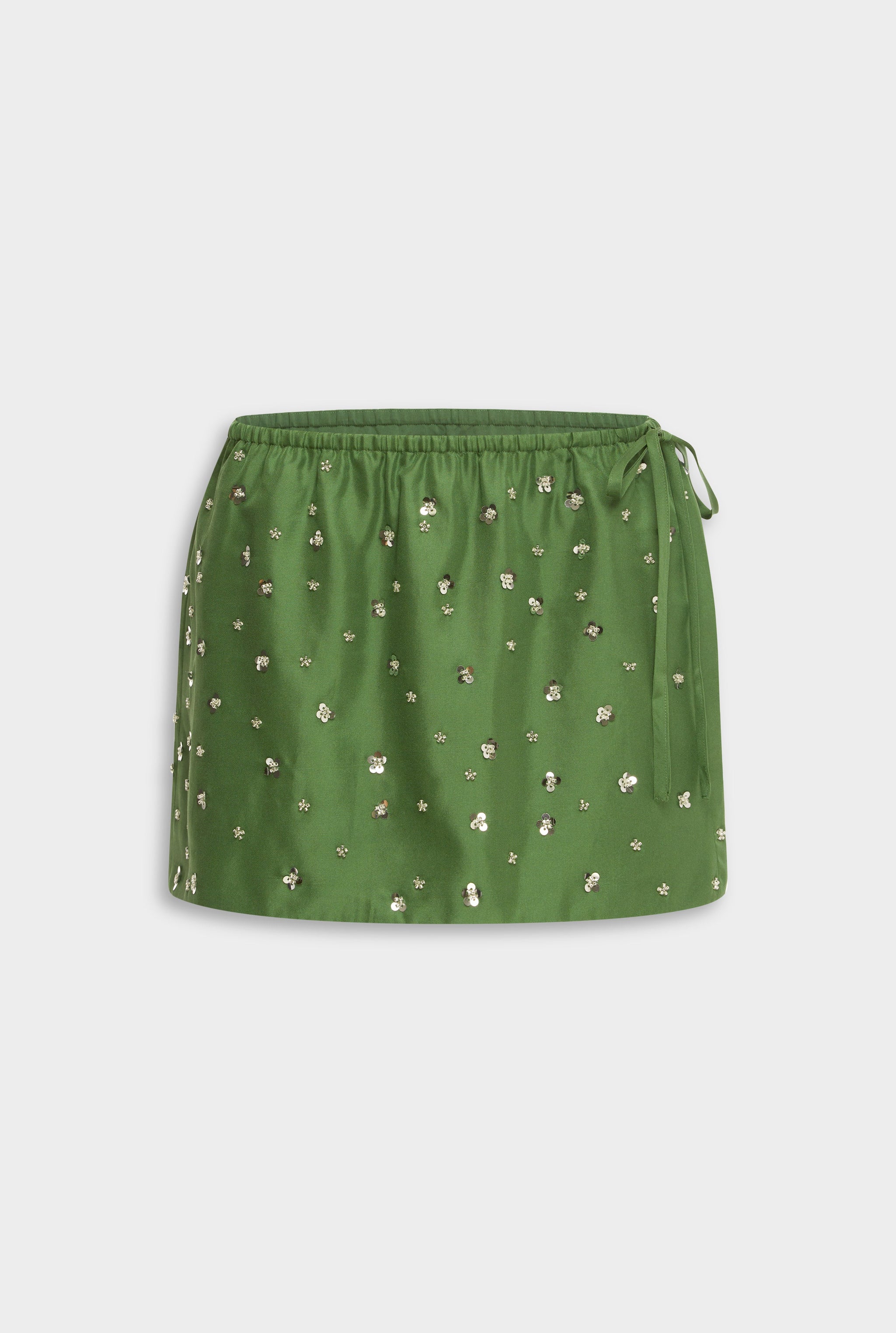 Venroy Beaded Silk Side Tie Mini Skirt - Ivy Green/Beading