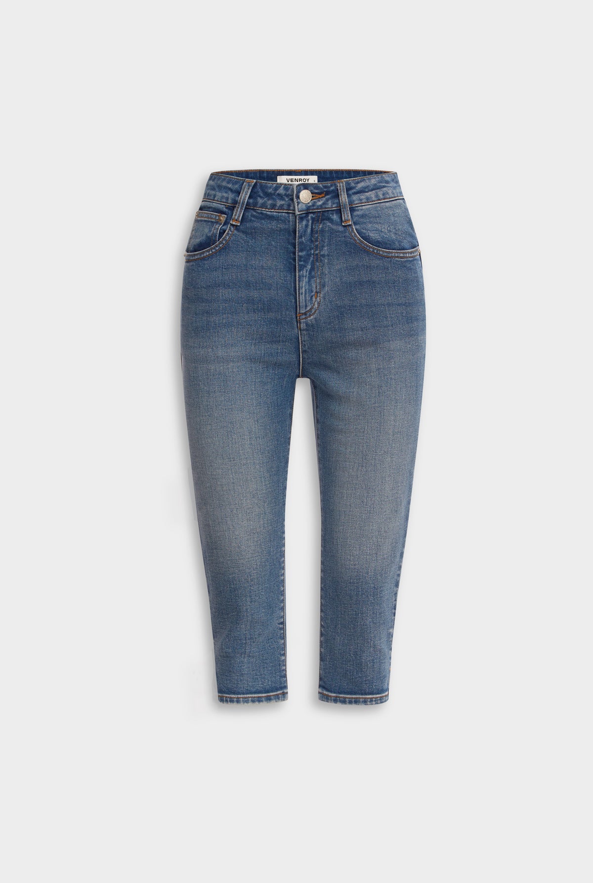 Denim Capri - Vintage Mid Indigo [[Venroy Flat Lay - D2 - Womens - Denim Capri - Vintage Mid Indigo.jpg]]