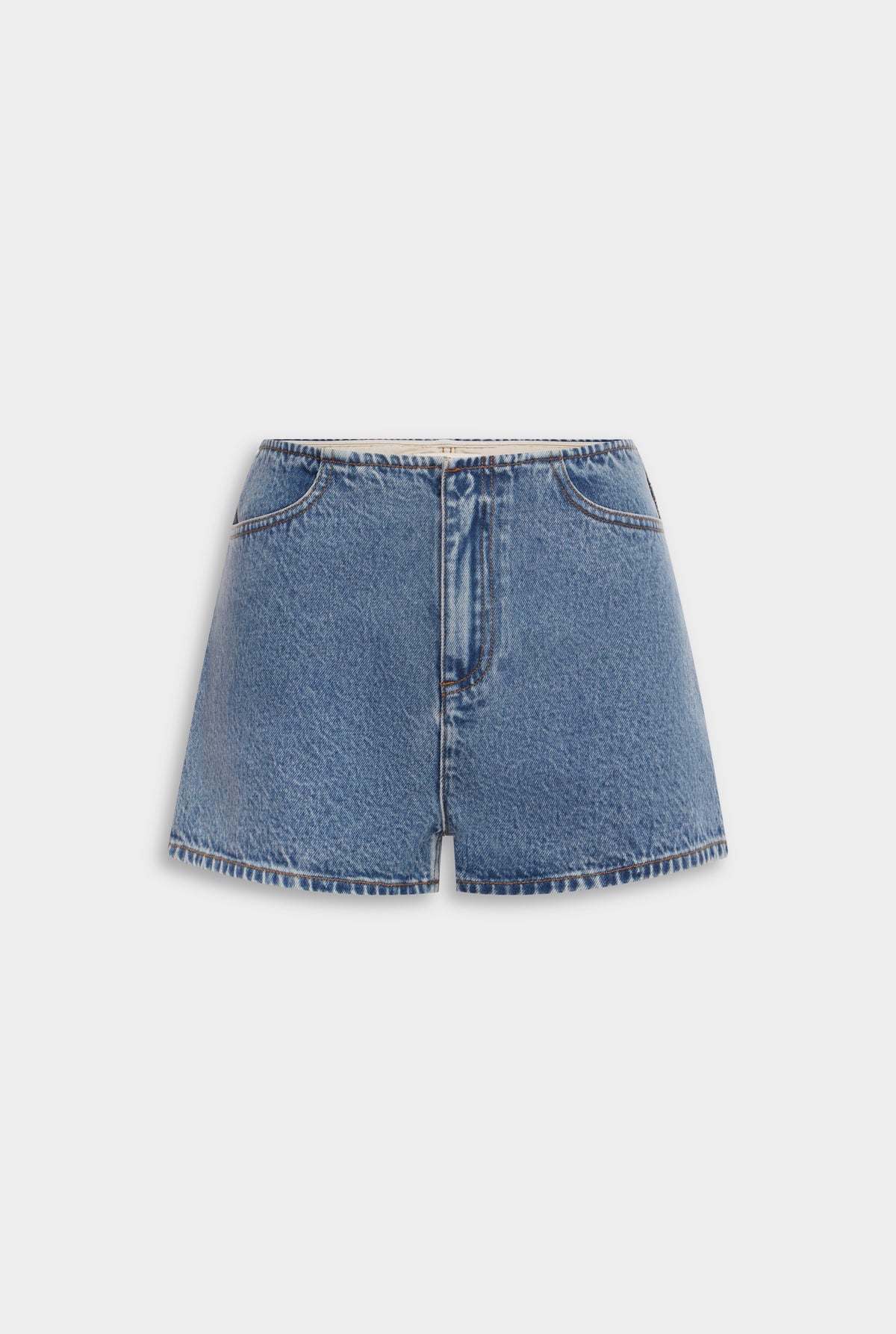 High Rise Denim Short - Mid Indigo [[Venroy Flat Lay - D2 - Womens - High Rise Denim Short - Mid Indigo.jpg]]