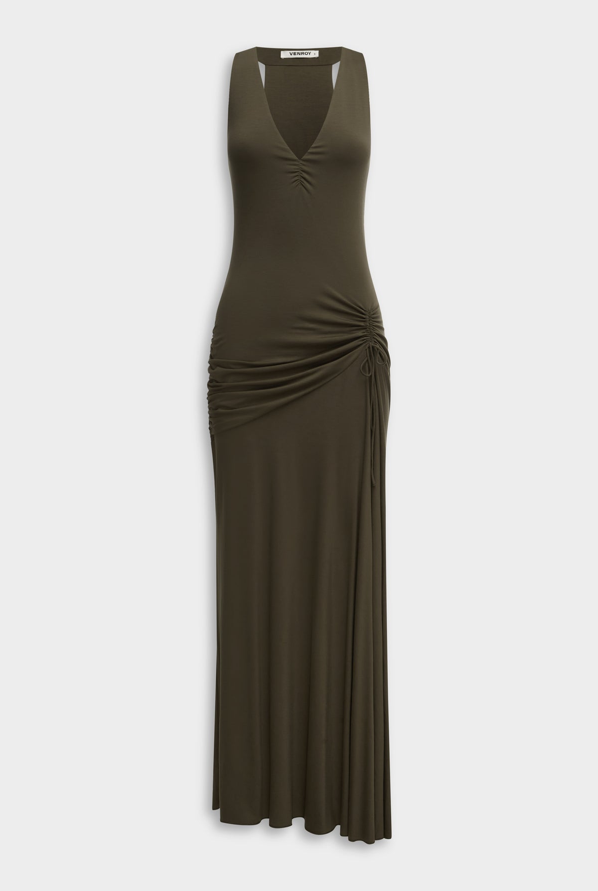 Jersey Drawstring Halter Maxi Dress - Dark Olive [[Venroy Flat Lay - D2 - Womens - Jersey Drawstring Halter Maxi Dress - Dark Olive.jpg]]