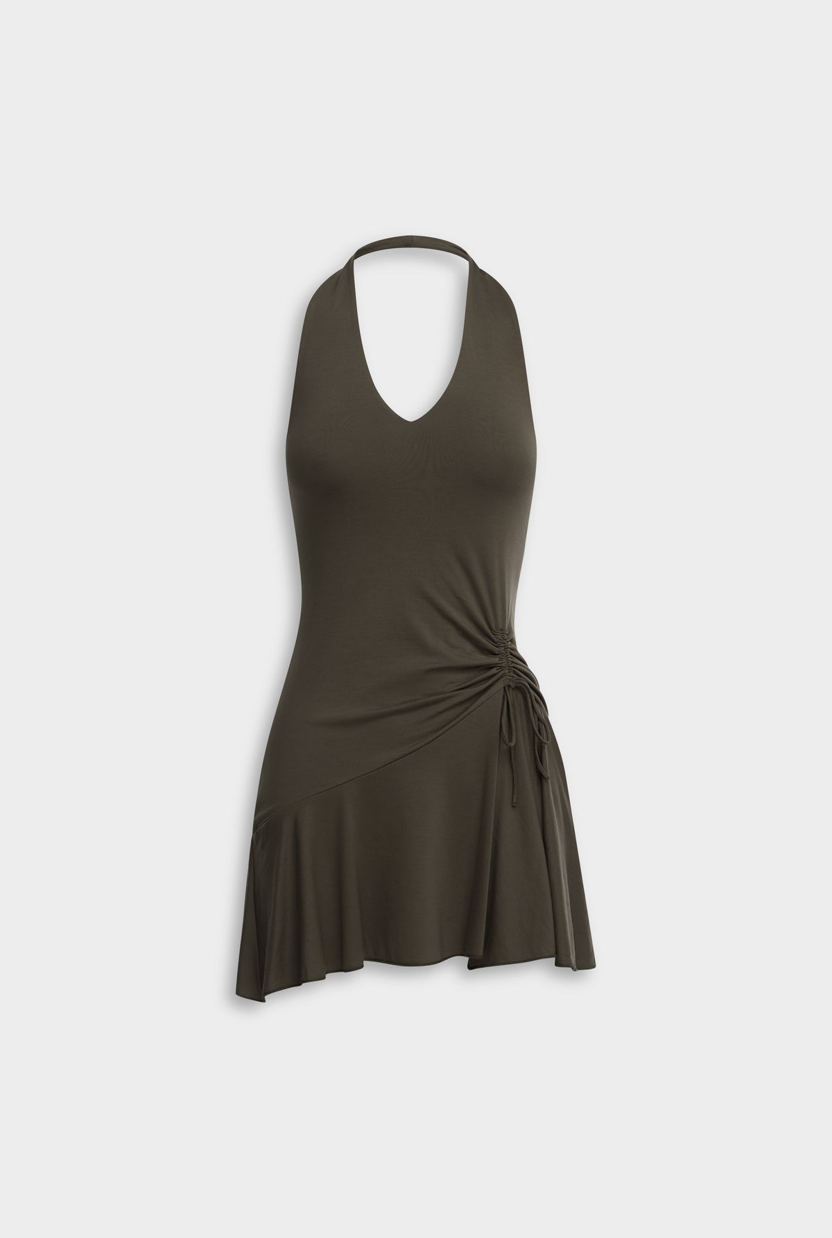 Jersey Handkerchief Halter Mini Dress - Dark Olive [[Venroy Flat Lay - D2 - Womens - Jersey Handkerchief Halter Mini Dress - Dark Olive.jpg]]