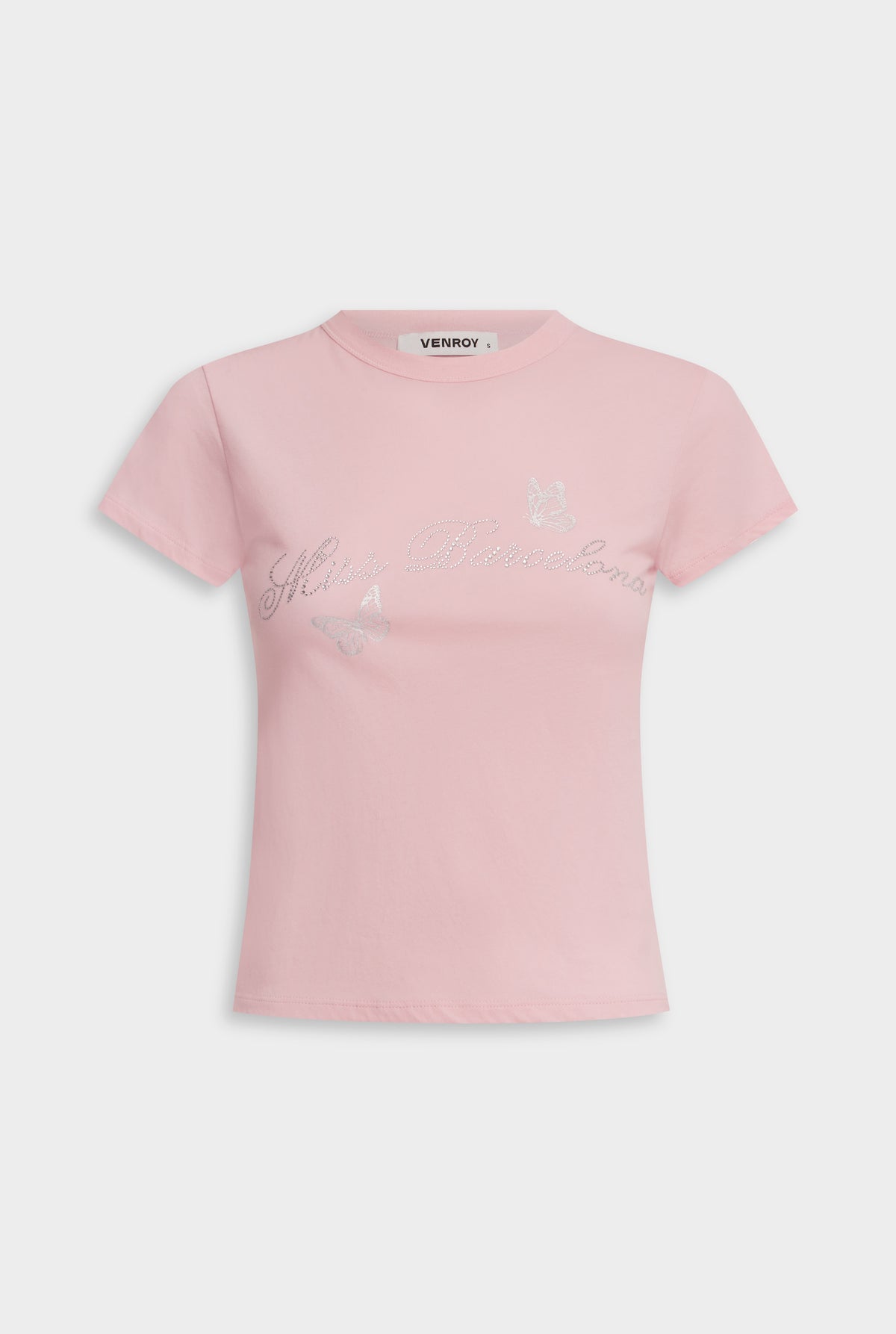 Lightweight Cotton Baby Tee - Pink/Miss Barcelona [[Venroy Flat Lay - D2 - Womens - Lightweight Cotton Baby Tee - Pink:Miss Barcelona.jpg]]