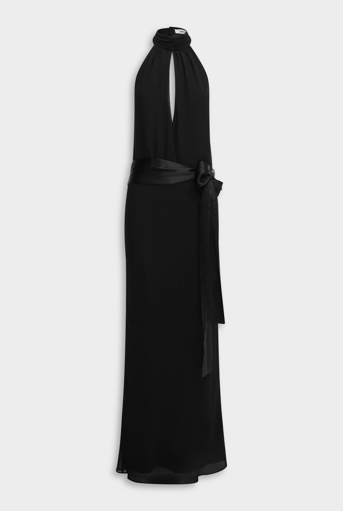 Silk High Neck Sash Dress - Black [[Venroy Flat Lay - D2 - Womens - Silk HIgh Neck Sash Dress - Black.jpg]]