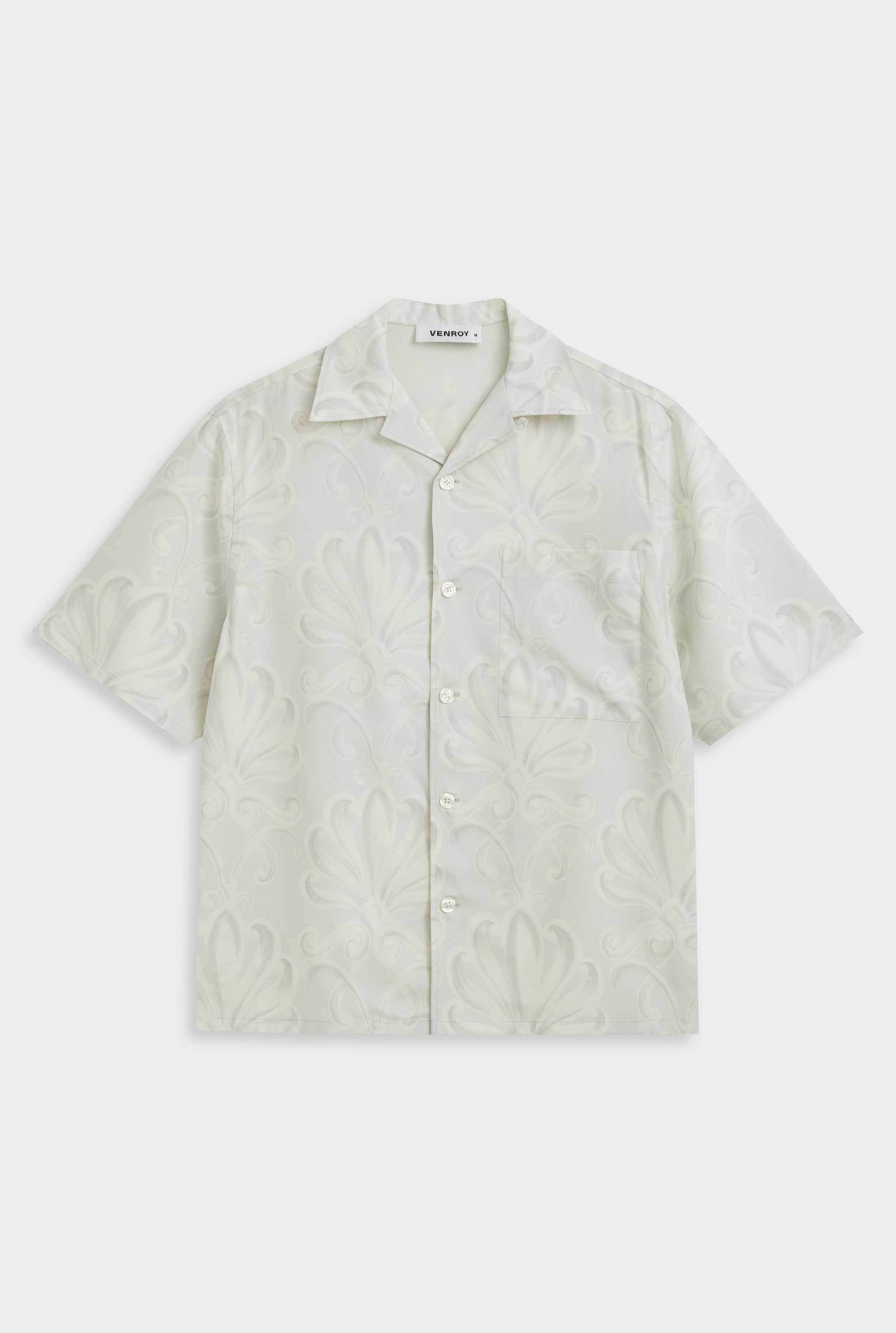 Venroy Fuji Silk Camp Collar Shirt - Grey Blue Palmette Floral
