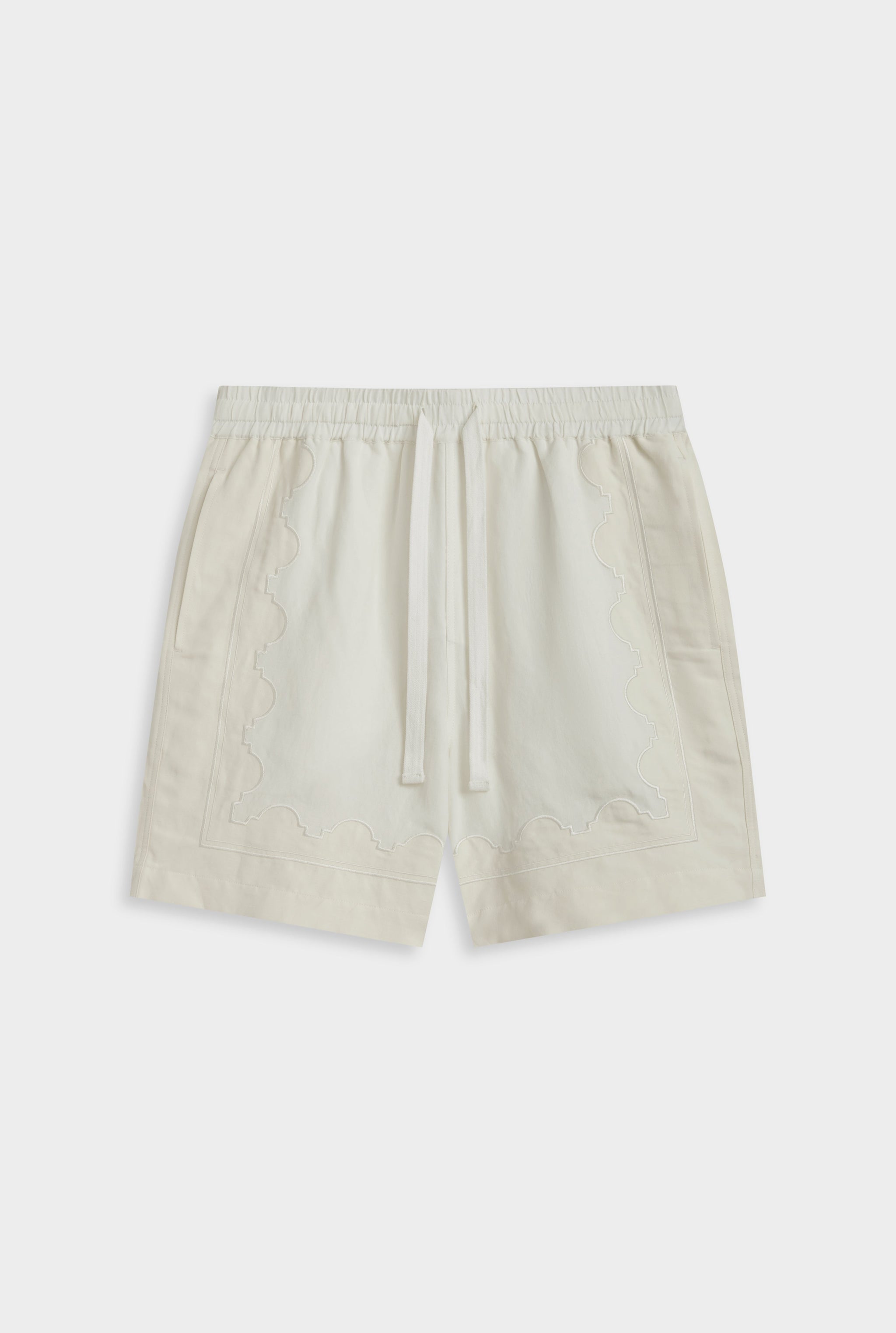 Venroy Panelled Applique Border Silk Linen Short - Off White/Cream
