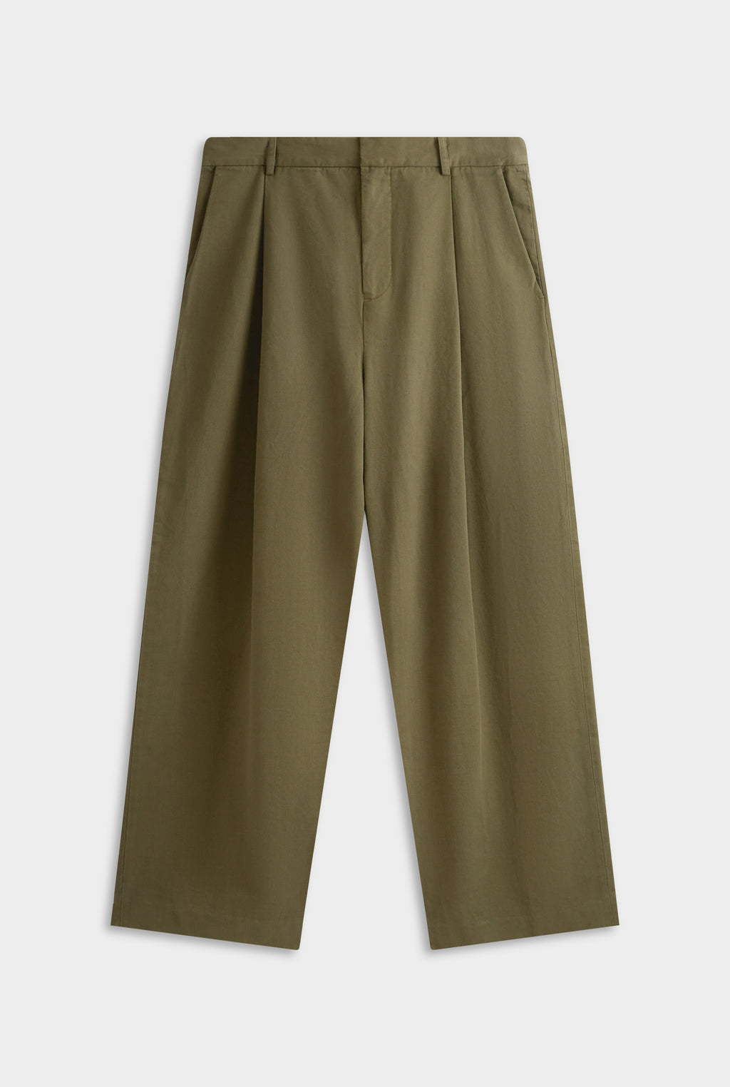 Relaxed Pleated Cotton Twill Trouser - Olive
