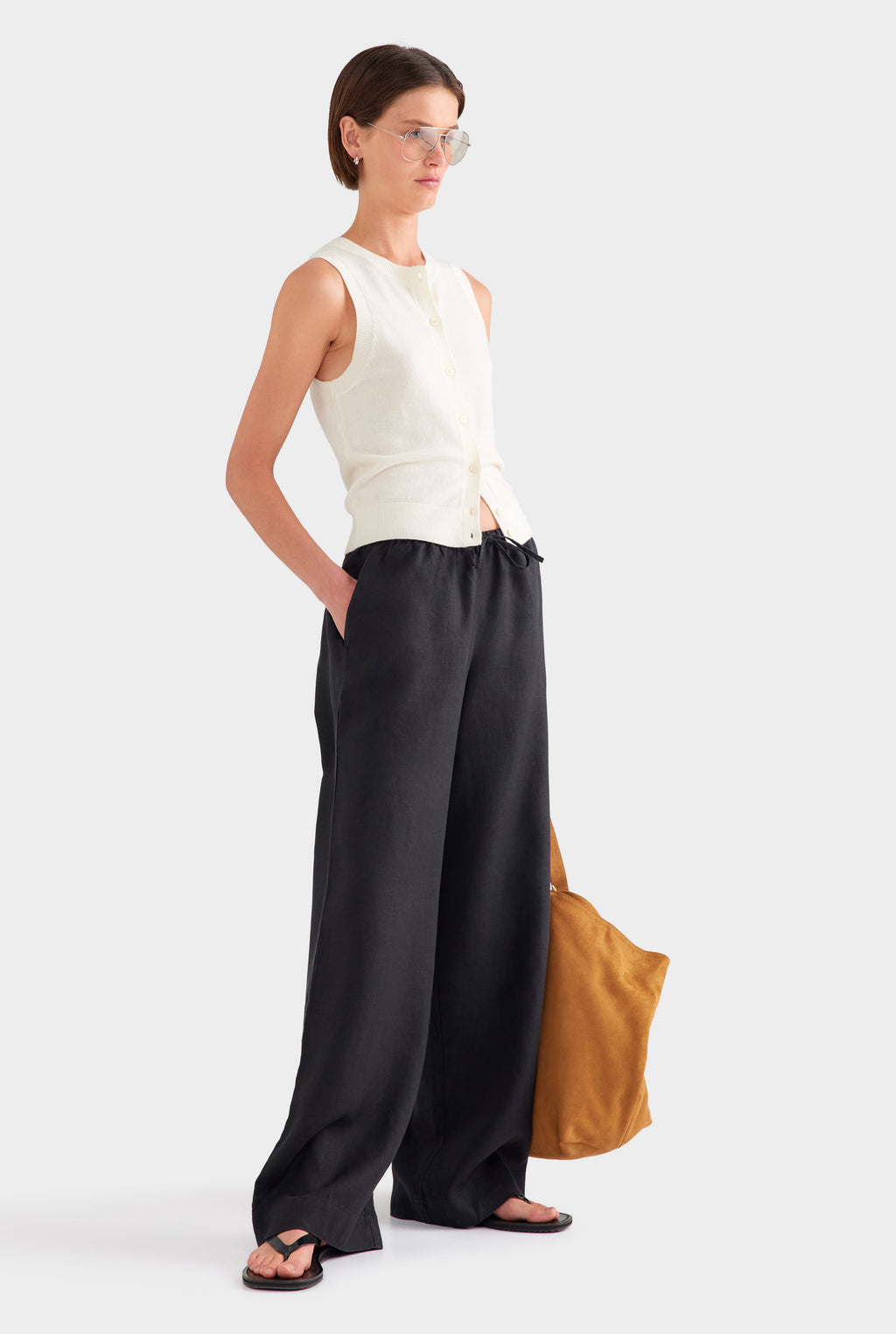 Wide Leg Linen Pant - Black