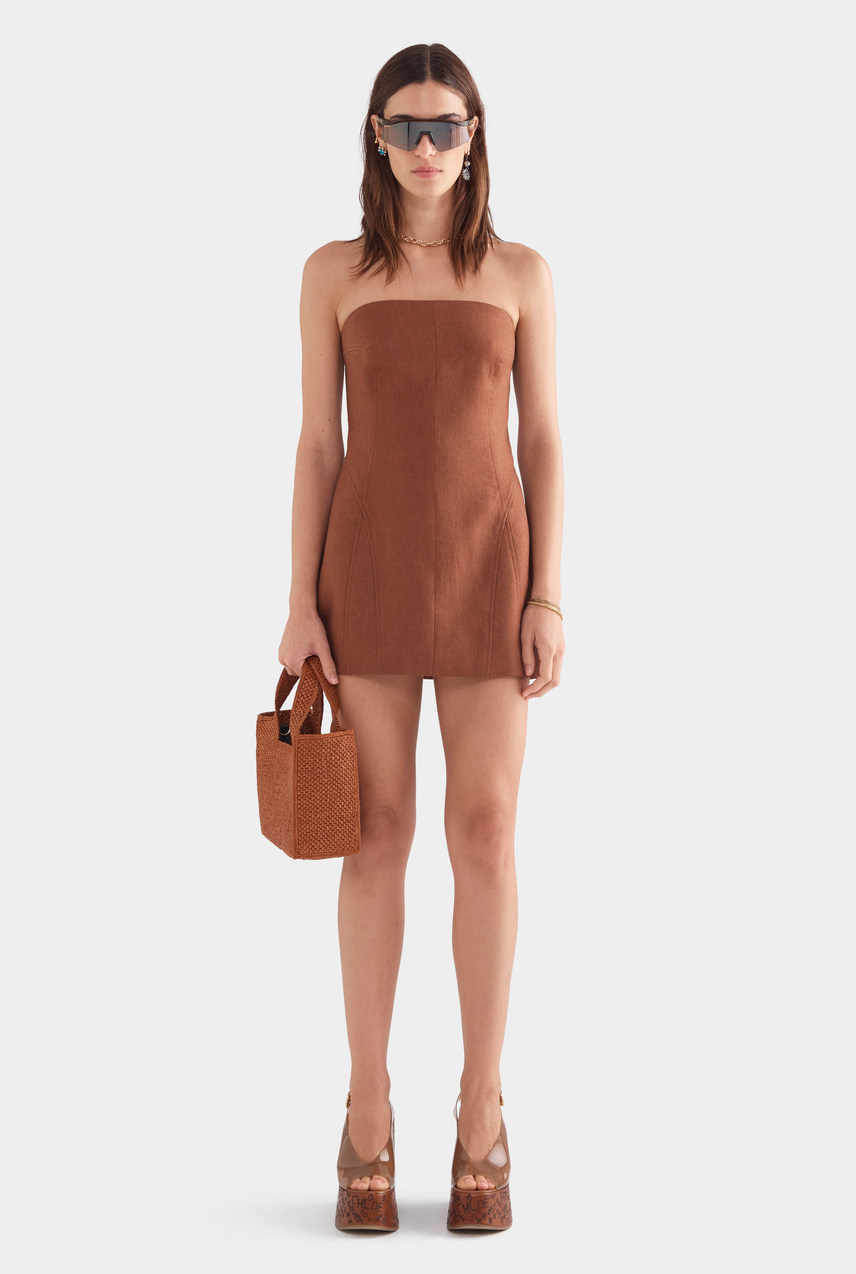 Strapless Panelled Linen Mini Dress - Chocolate