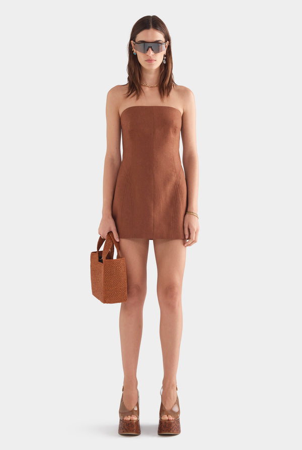 Strapless Panelled Linen Mini Dress - Chocolate