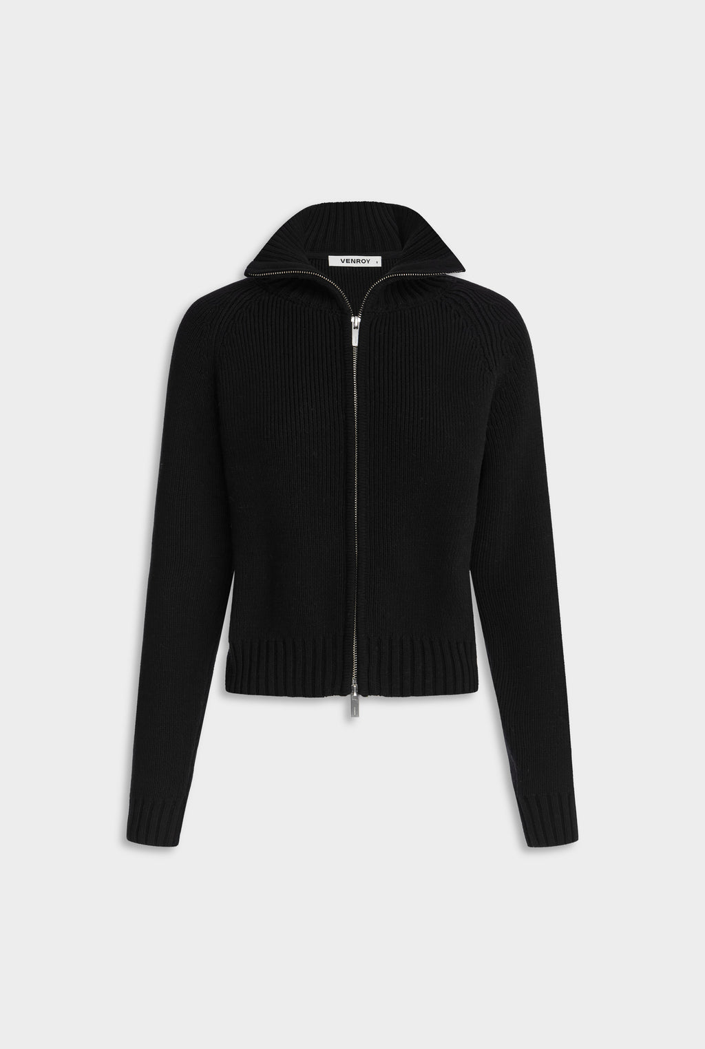 Cotton Funnel Neck Zip Up Sweater - Black