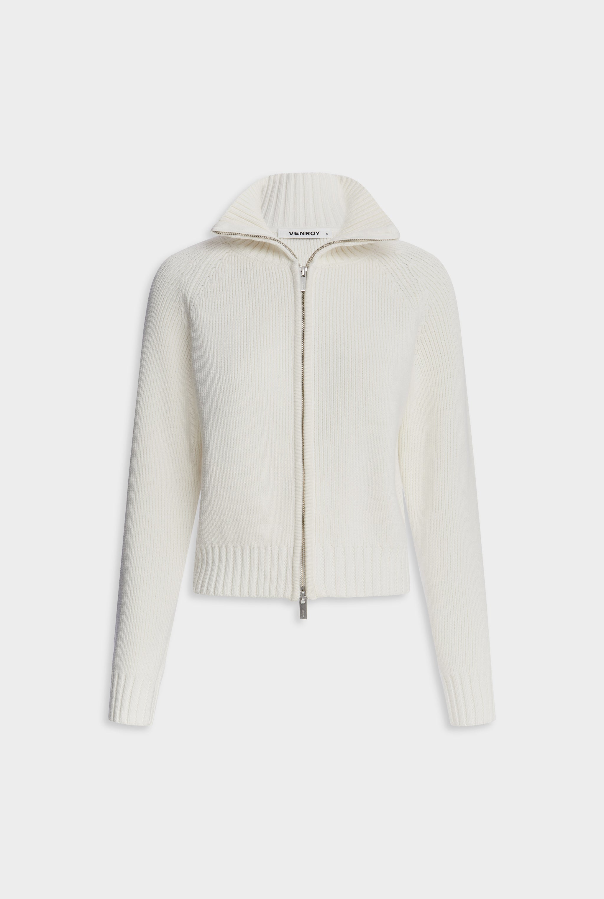 Cotton Funnel Neck Zip Up Sweater - White