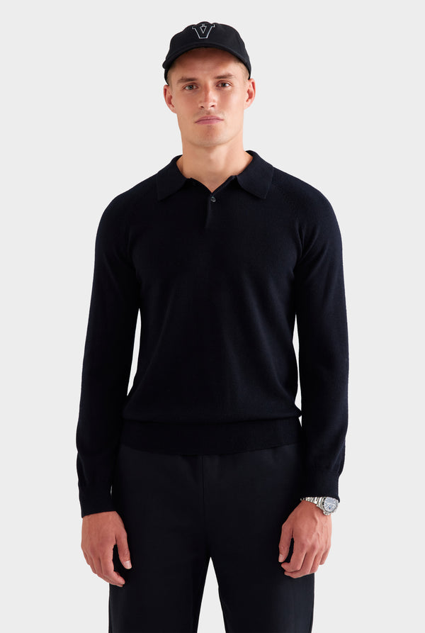 Merino Wool Knit Polo - Black
