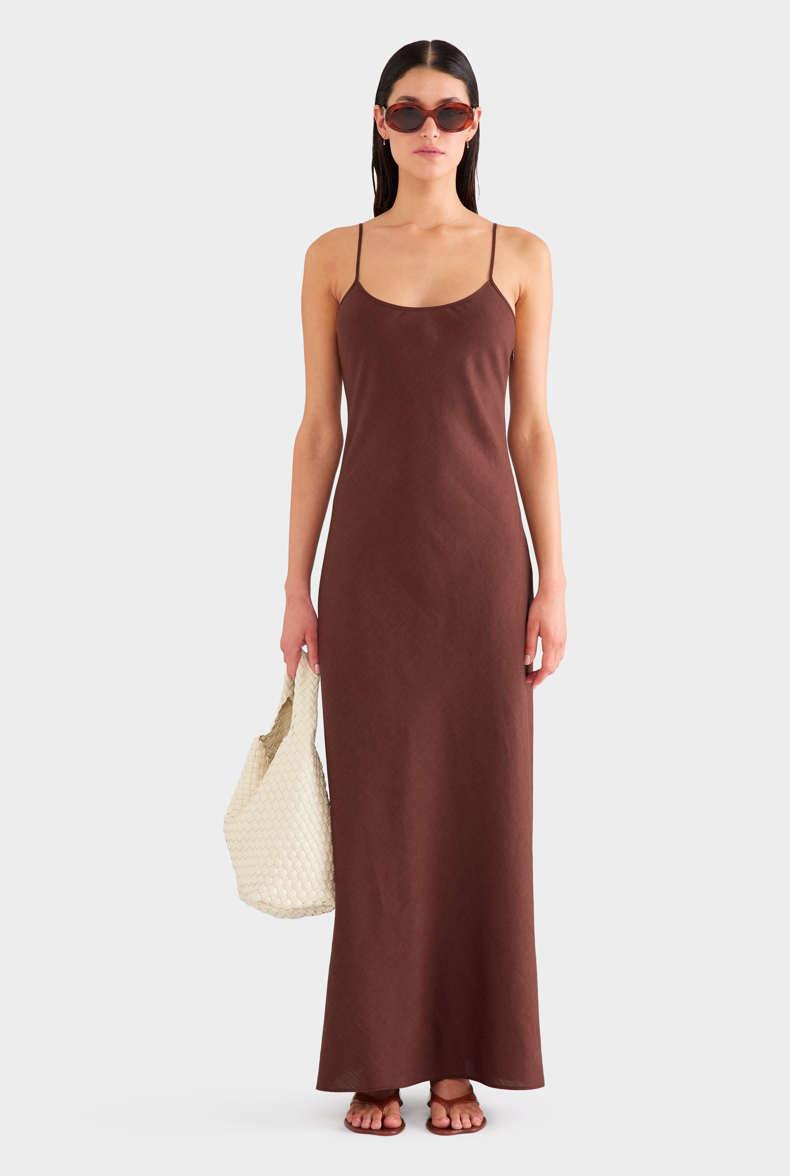 Wool Linen Slip Dress - Chocolate
