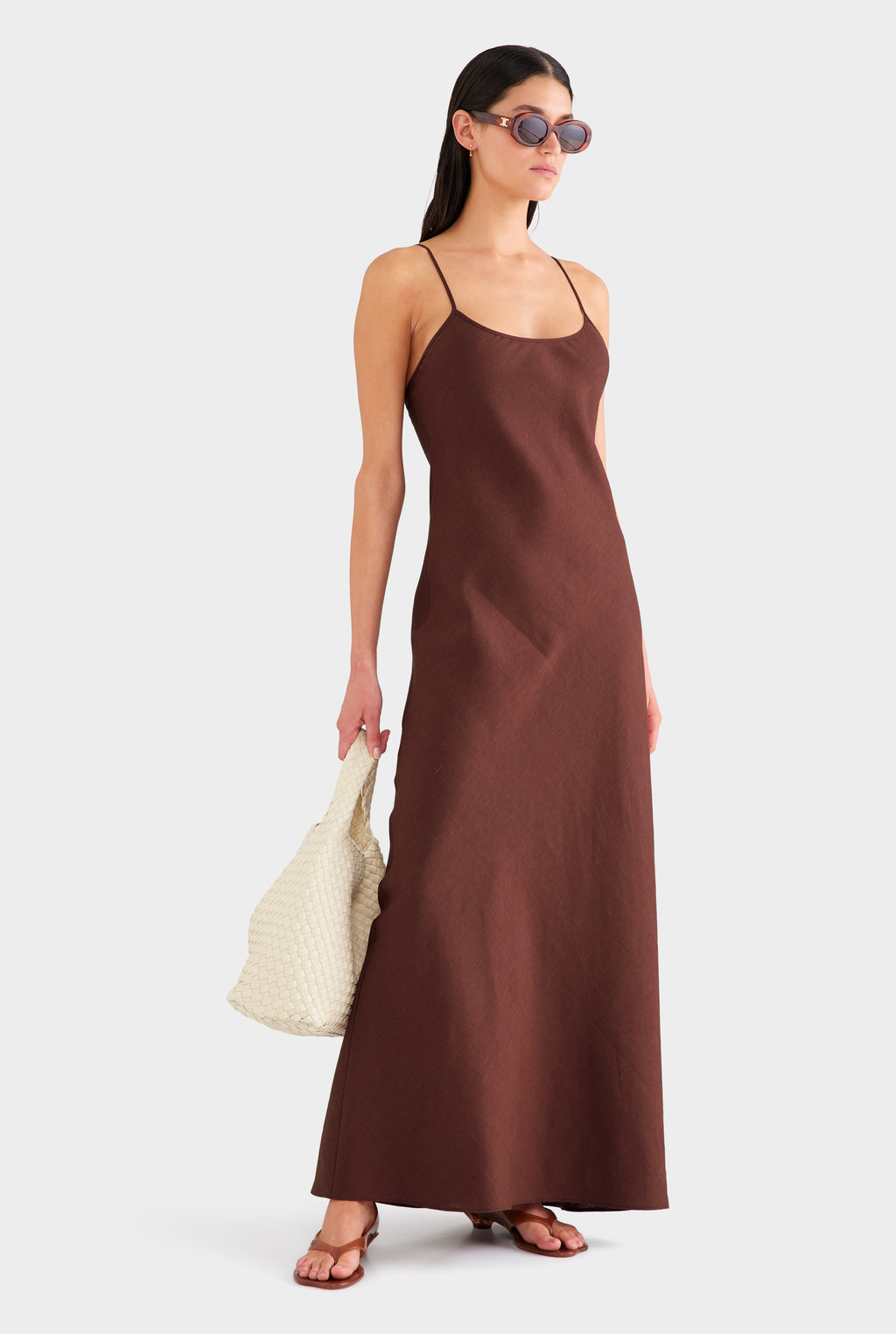 Wool Linen Slip Dress - Chocolate