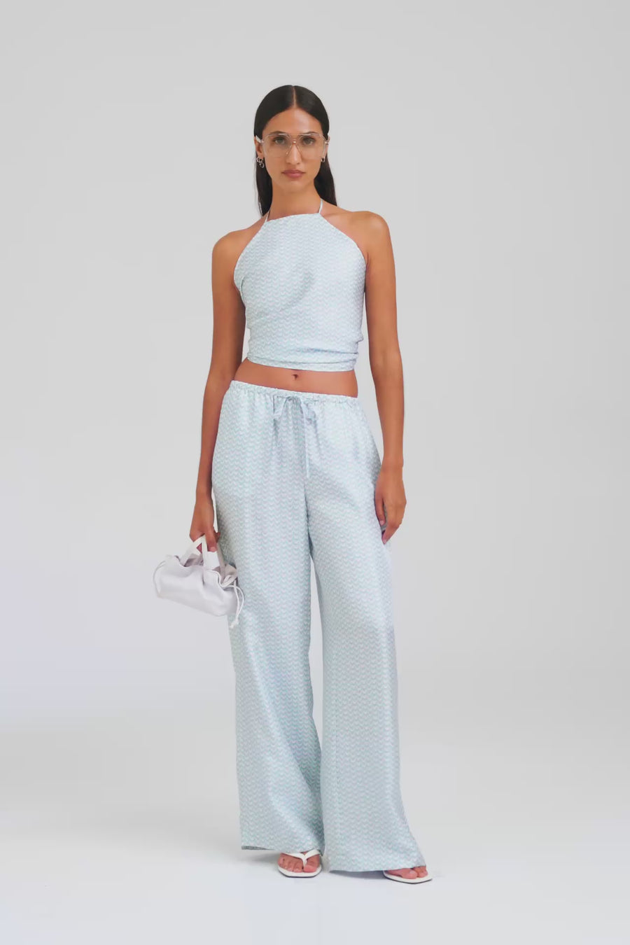 Relaxed Silk Drawstring Pant - Ice Blue/Silver V Monogram [[W_D1 - 45009 - Relaxed Silk Drawstring Pant - Ice Blue-Silver V Monogram.mp4]]