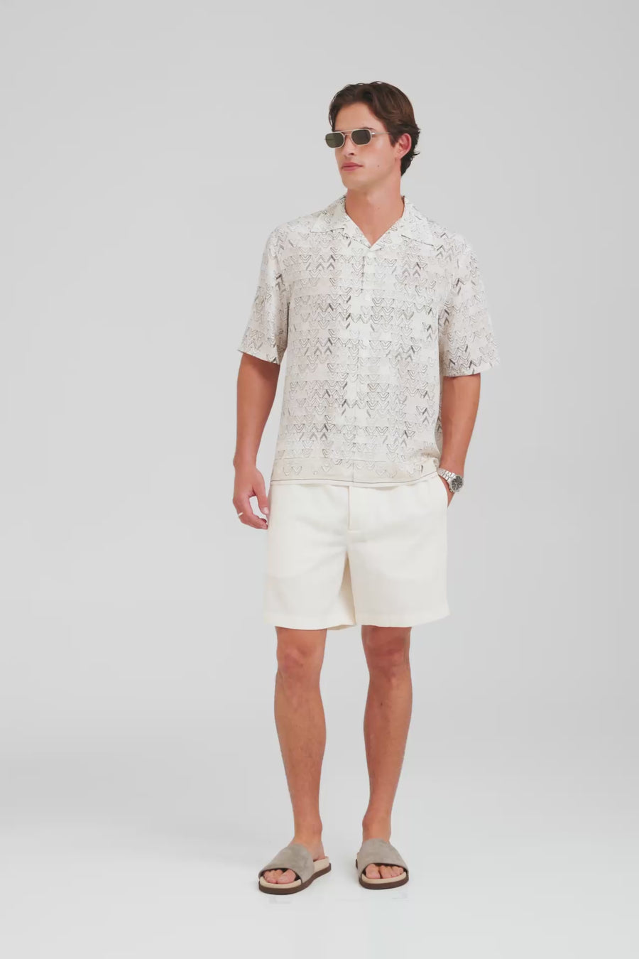 Short Sleeve Silk Camp Collar Shirt - Beige Sketched V Monogram [[M_D1 - 32130 - SS Silk Camp Collar Shirt - Beige Sketched V Monogram.mp4]]