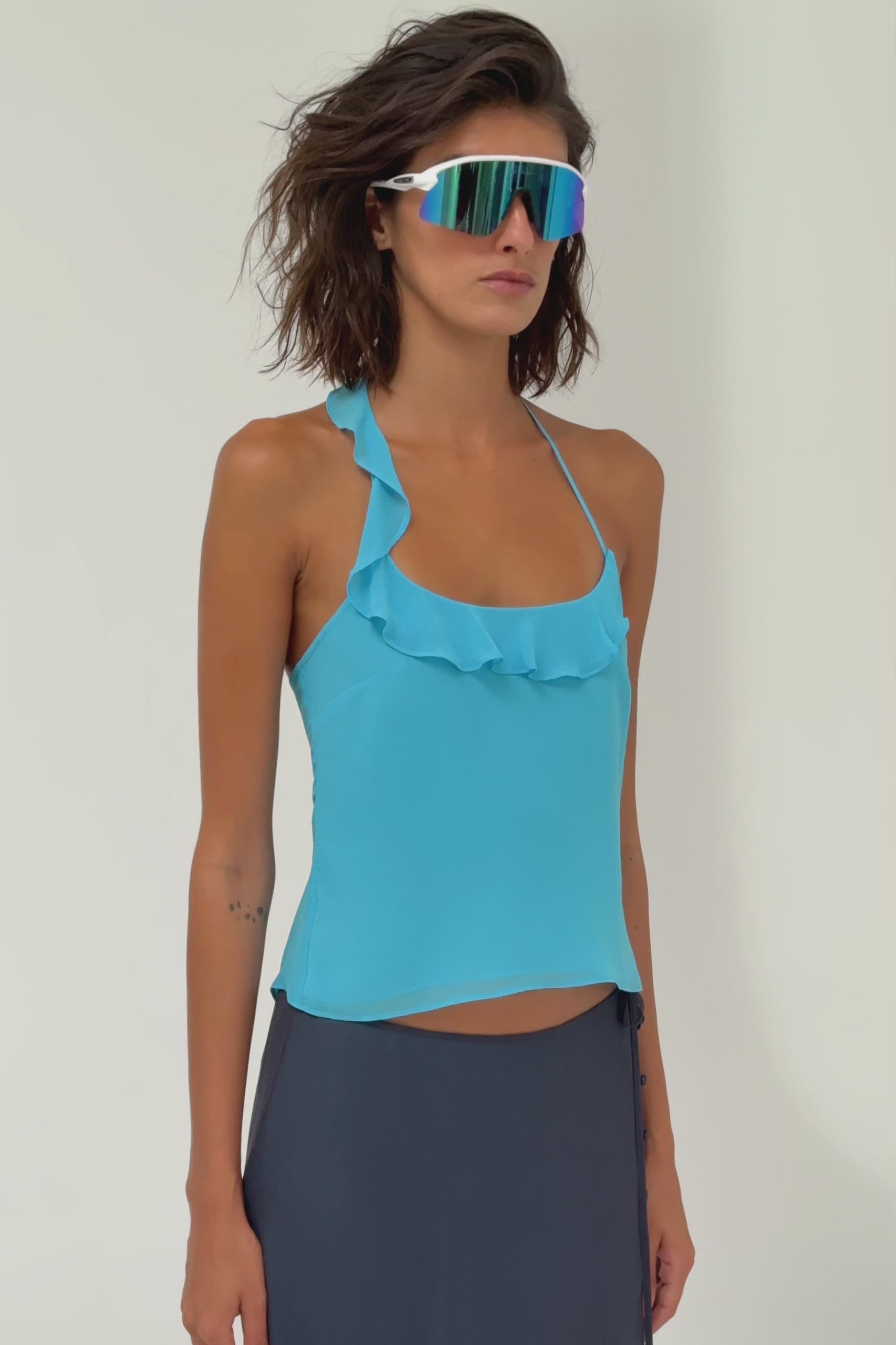 Asymmetric Ruffle Halter Top in Bright Blue | Venroy – VENROY