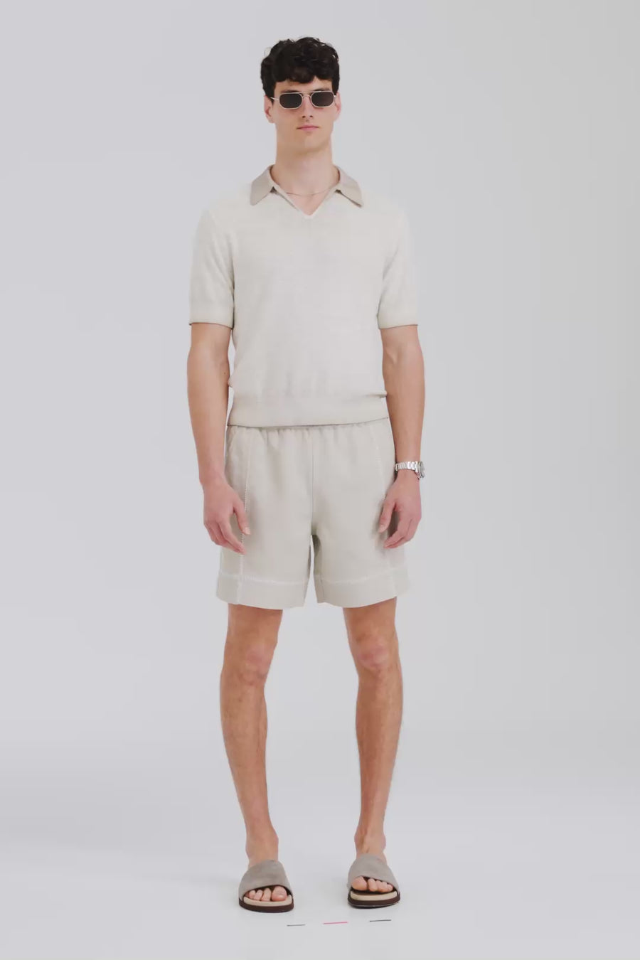 Venroy Reverse Printed Open Neck Knit Polo - Washed Beige