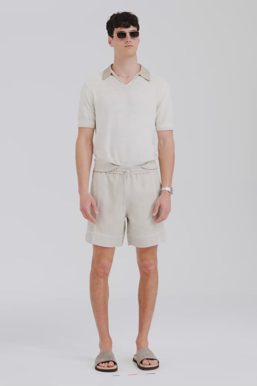 Venroy Crochet Stitch Linen Short - Fog/White