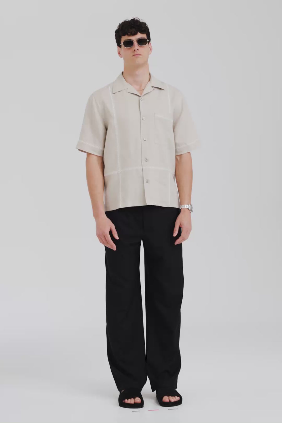 Venroy Crochet Stitch Linen Camp Collar Shirt - Fog/White
