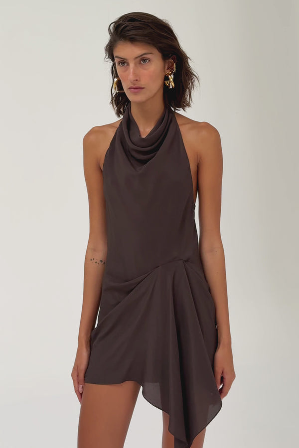 venroy brown dress Twisted Bodice Silk Mini Dress in Dark Chocolate