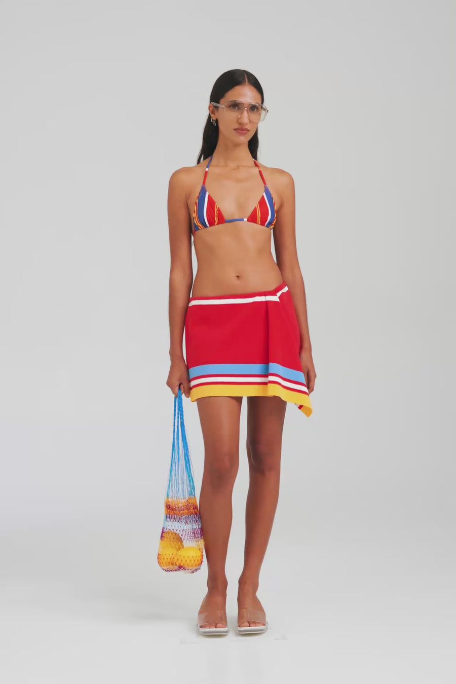 Terry Knit Mini Sarong Skirt - Catalan Red/Cobalt Stripe [[W_D1 - 43128 - Terry Knit Mini Sarong Skirt - Catalan Red-Cobalt Stripe.mp4]]