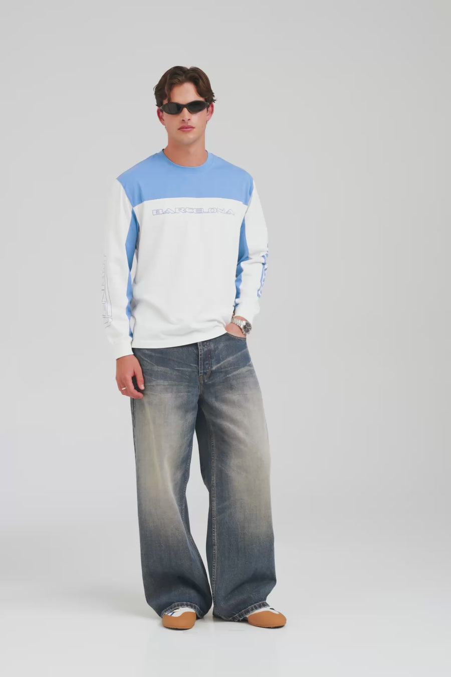 Panelled Long Sleeve T Shirt - White/Blue [[M_D1 - 32177 - Panelled Long Sleeve T Shirt - White-Blue.mp4]]