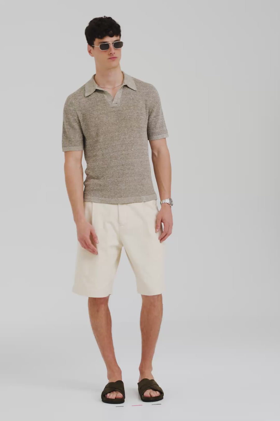 Venroy Rib Knit Open Neck Polo - Olive Marl