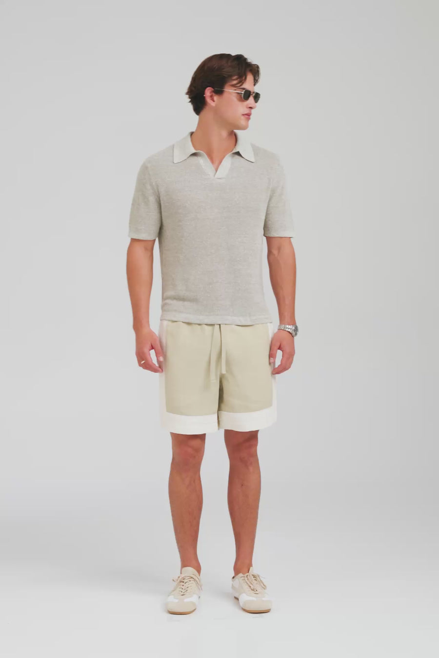 Rib Knit Open Neck Polo - Sage Marl [[M_D1 - 33045 - Rib Knit Open Neck Polo - Sage Marl.mp4]]